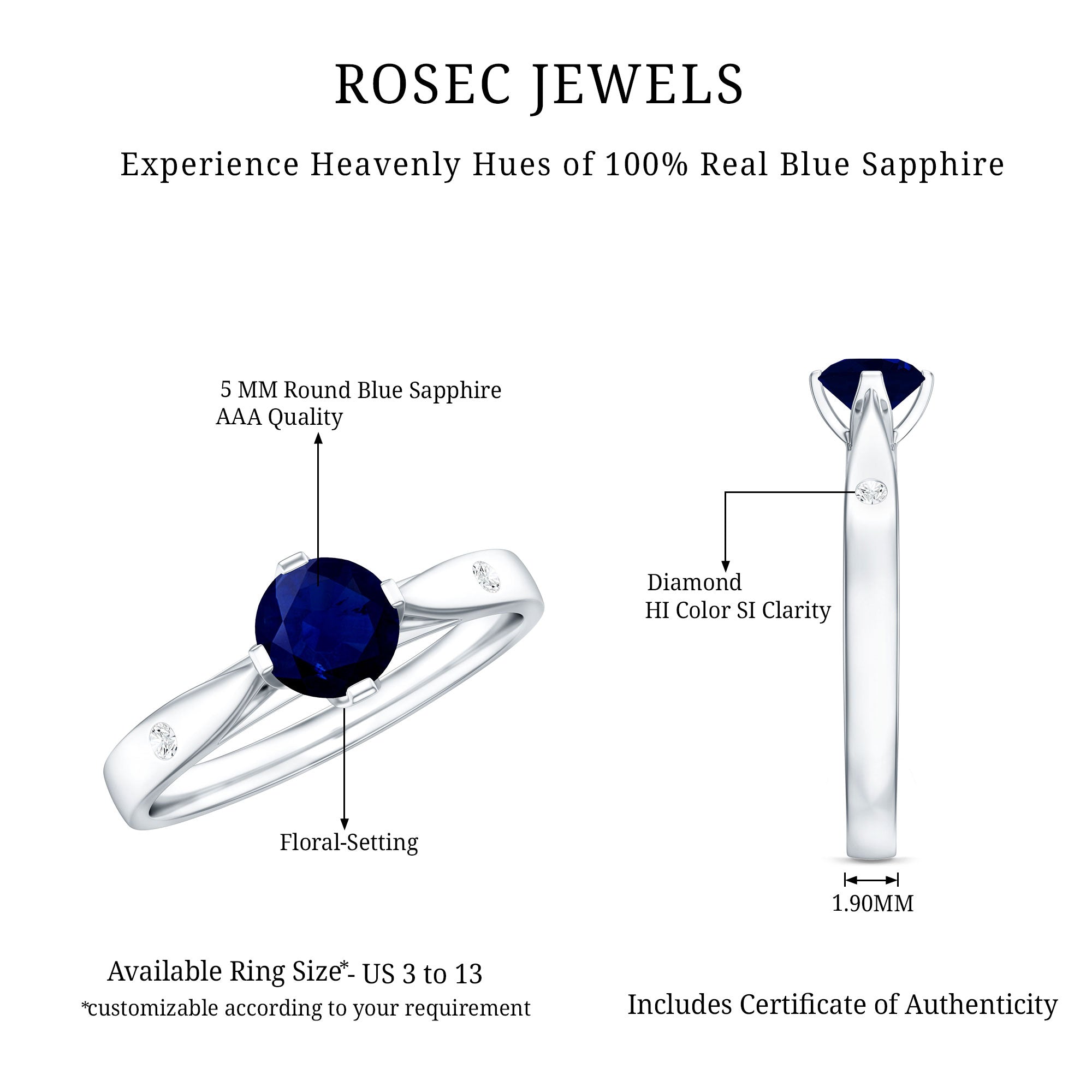 Round Cut Certified Blue Sapphire Promise Ring with Diamond AAA - Rosec Jewels
