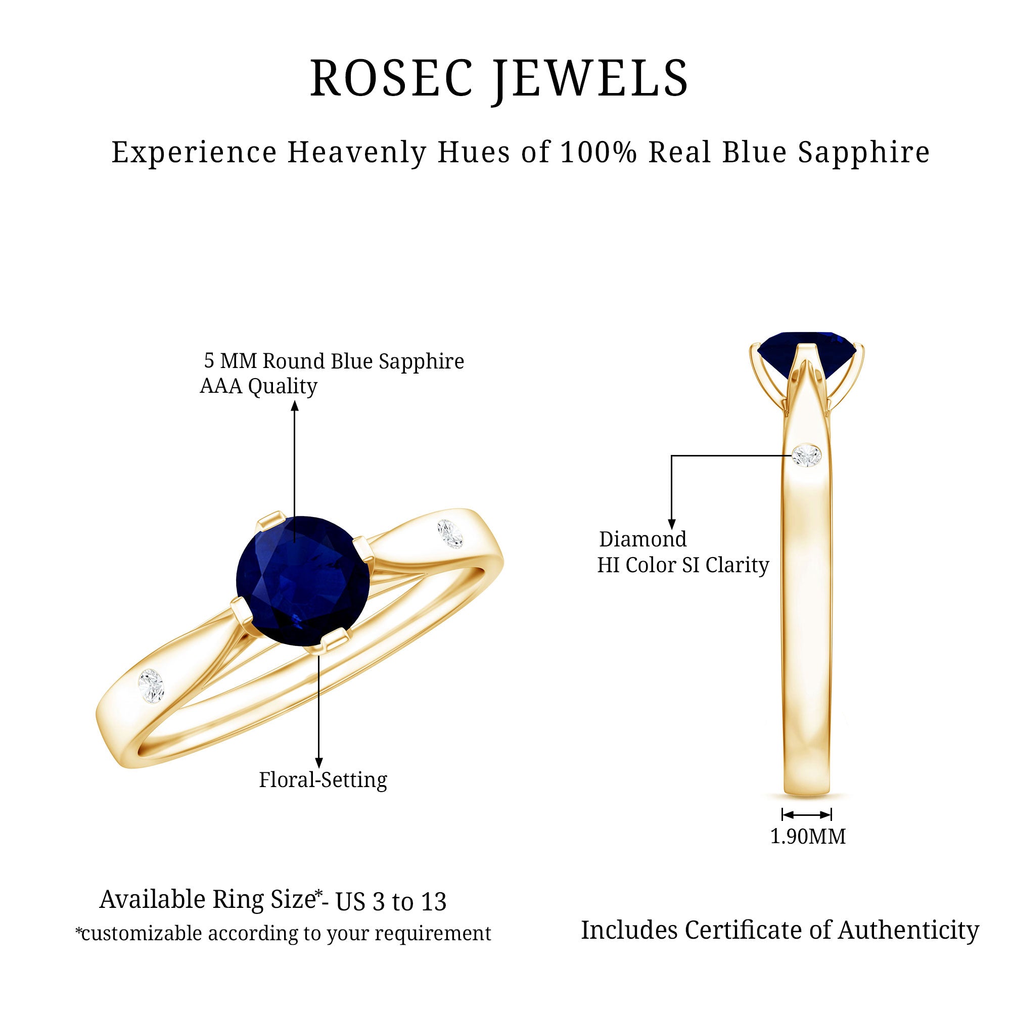 Round Cut Certified Blue Sapphire Promise Ring with Diamond AAA - Rosec Jewels