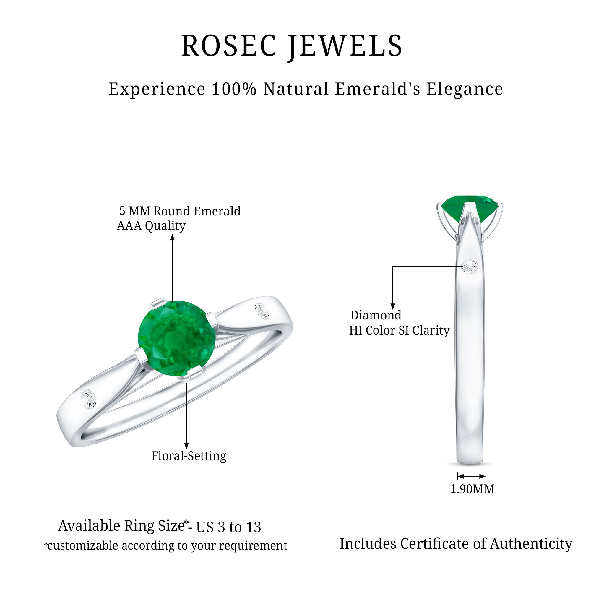 Natural Emerald Diamond Promise Ring with Pinched Shank AAA - Rosec Jewels