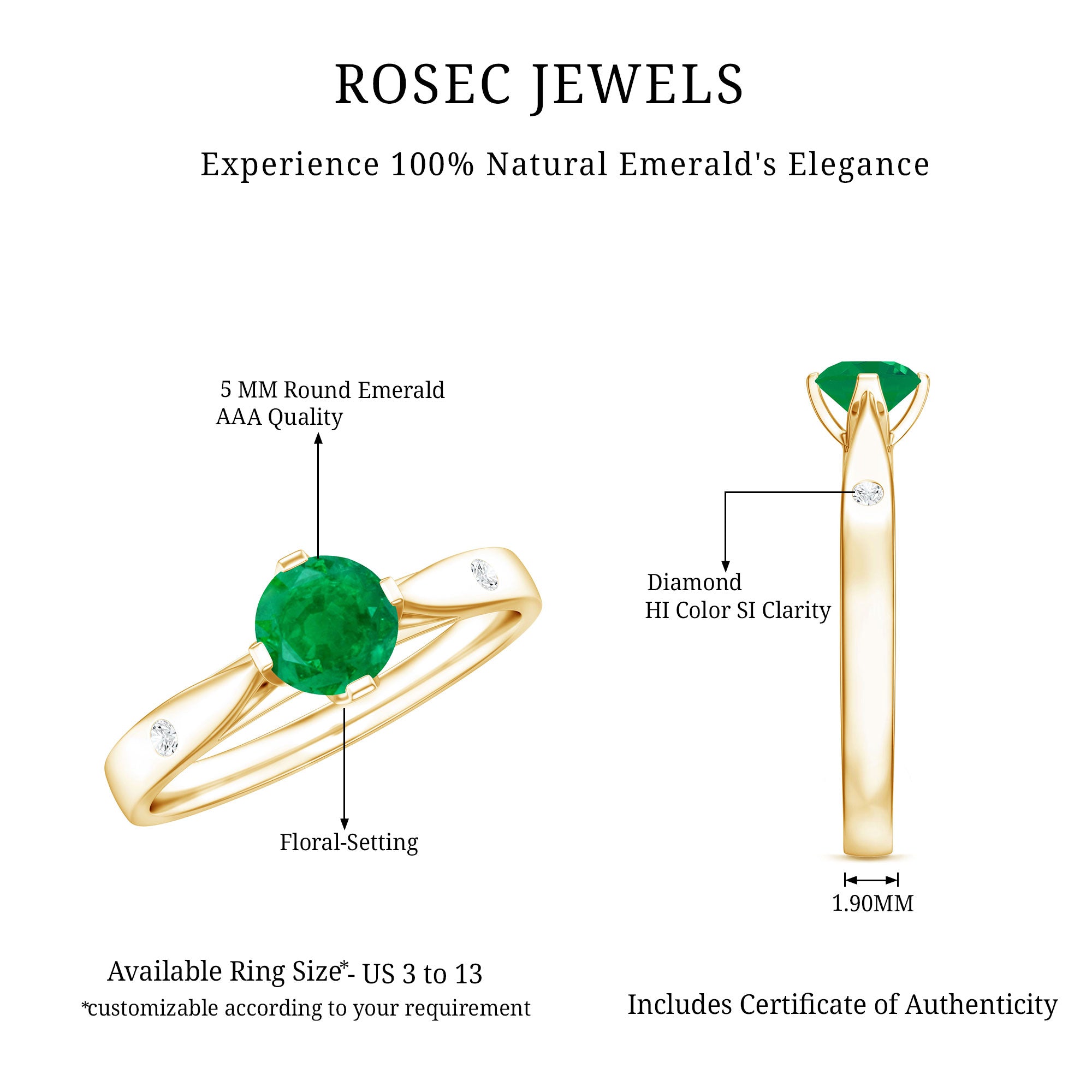 Natural Emerald Diamond Promise Ring with Pinched Shank AAA - Rosec Jewels