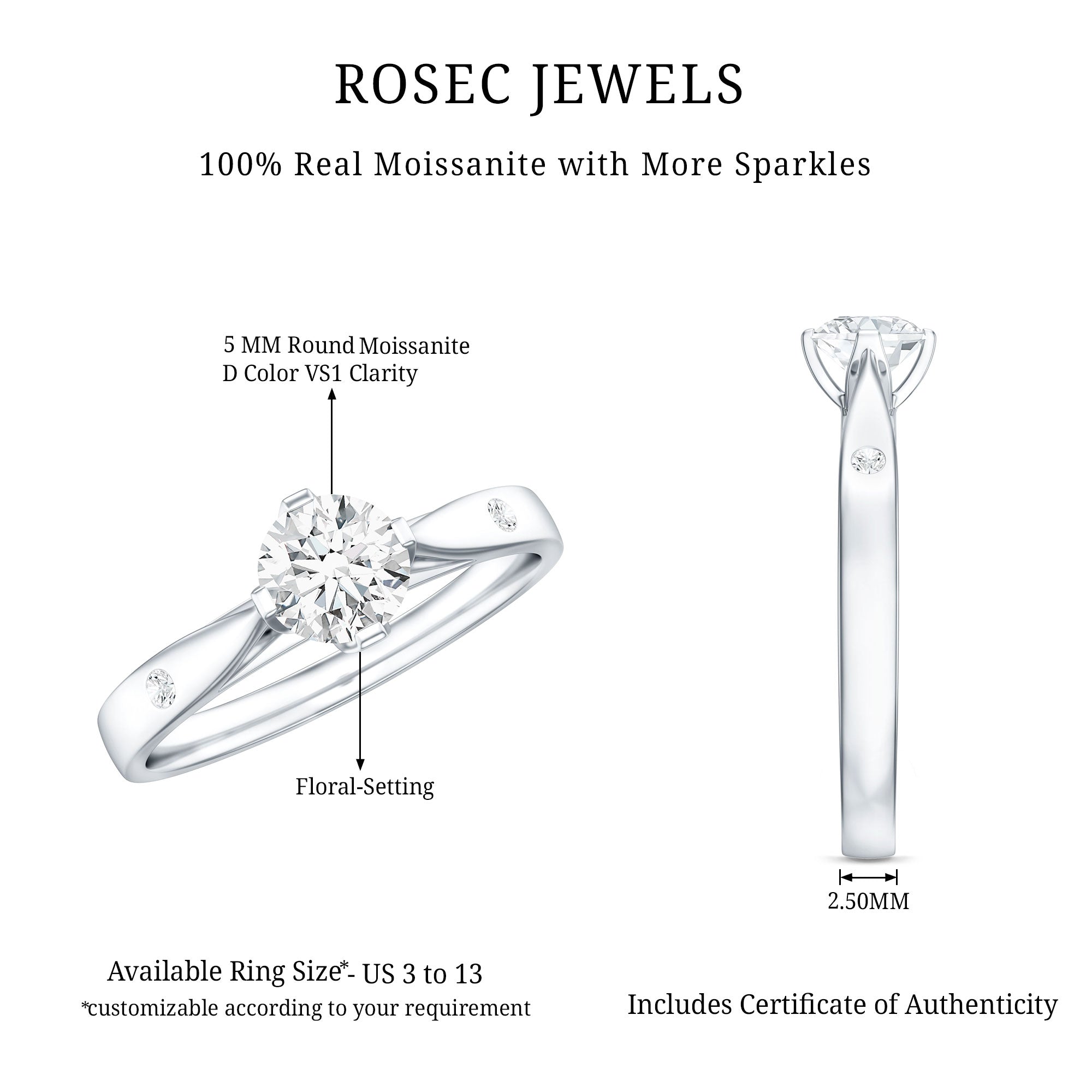 Rosec Jewels-Floral Set Moissanite Solitaire Promise Ring for Her