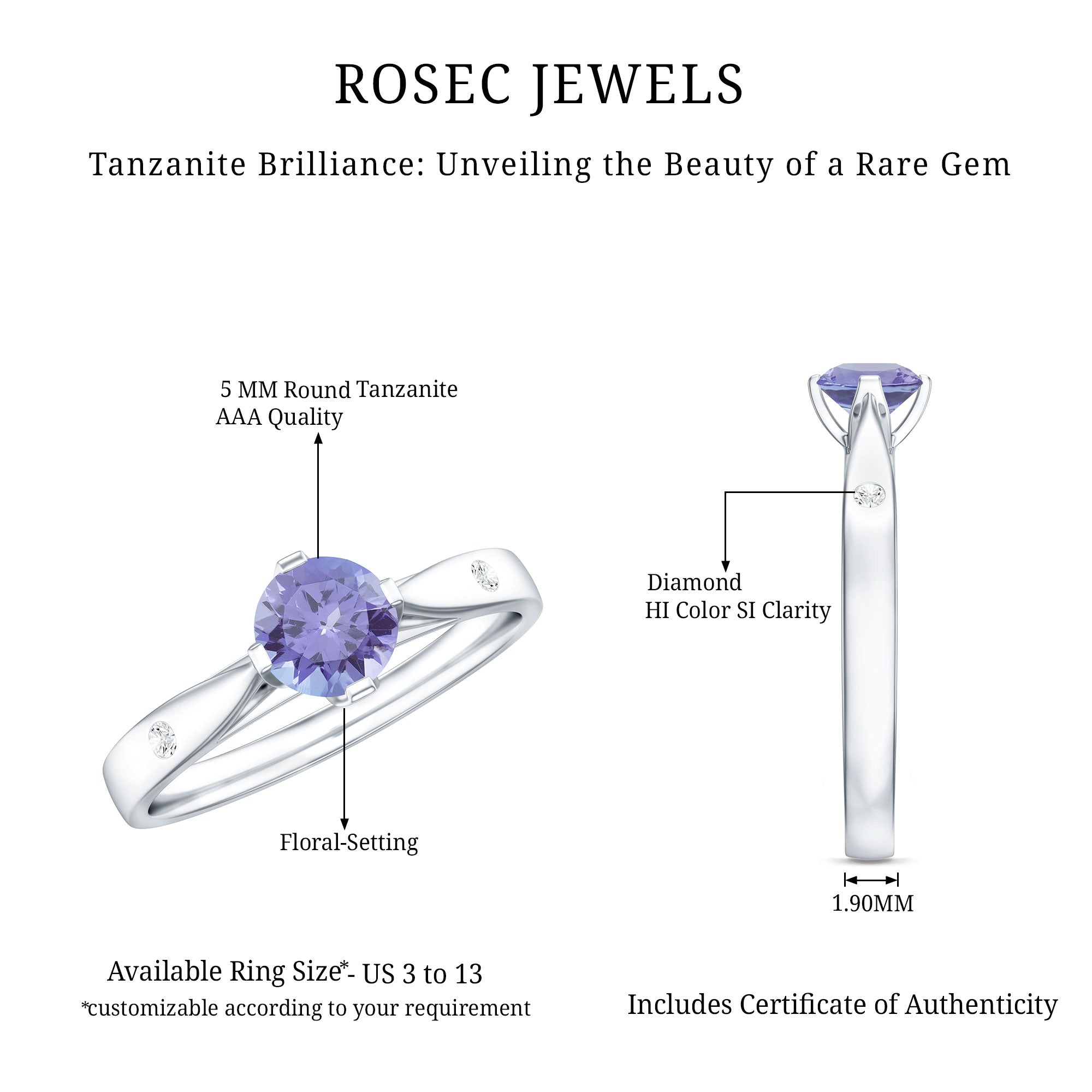 Natural Tanzanite Diamond Commitment Ring for Women AAA - Rosec Jewels