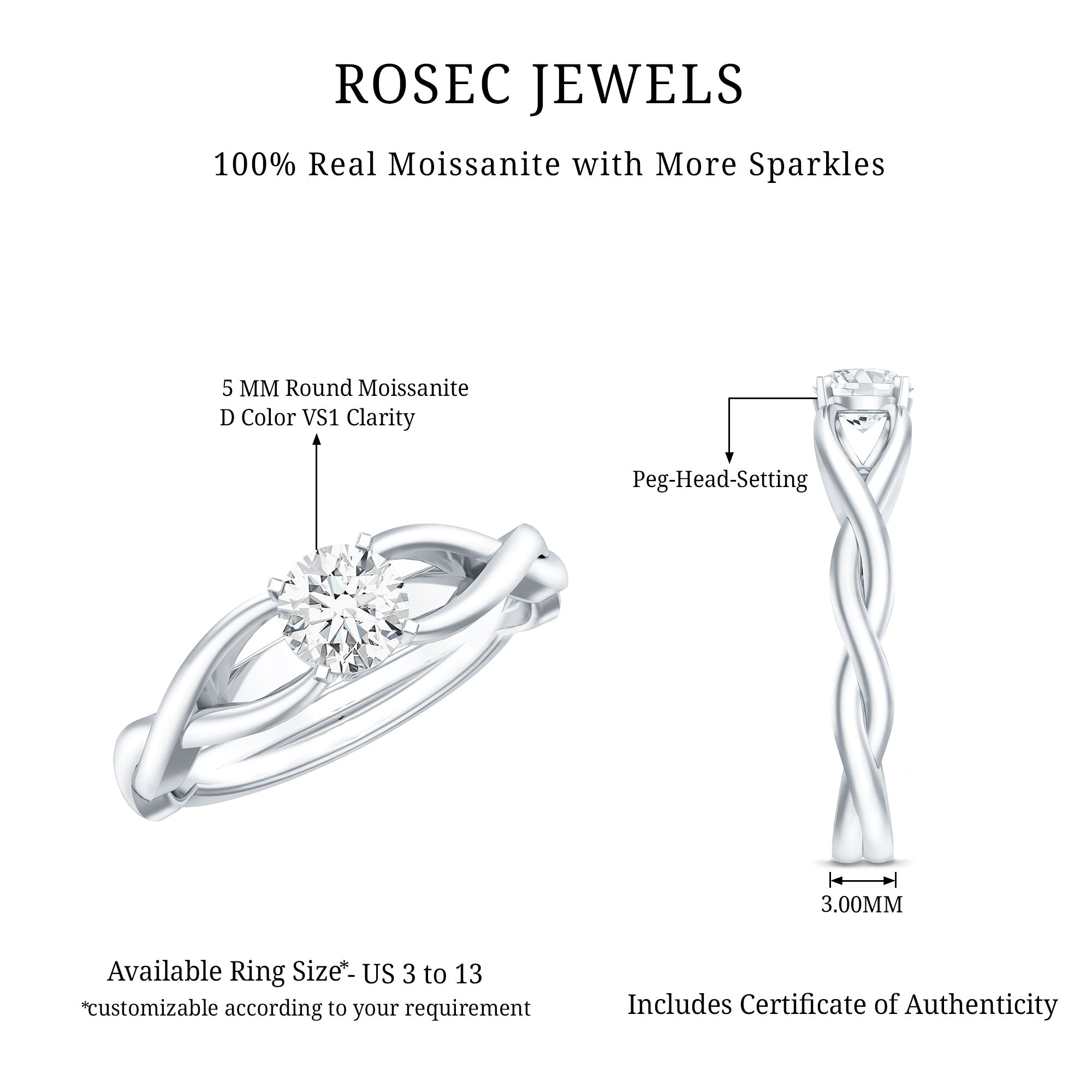 Certified Moissanite Solitaire Engagement Ring in Crossover Shank D-VS1 - Rosec Jewels