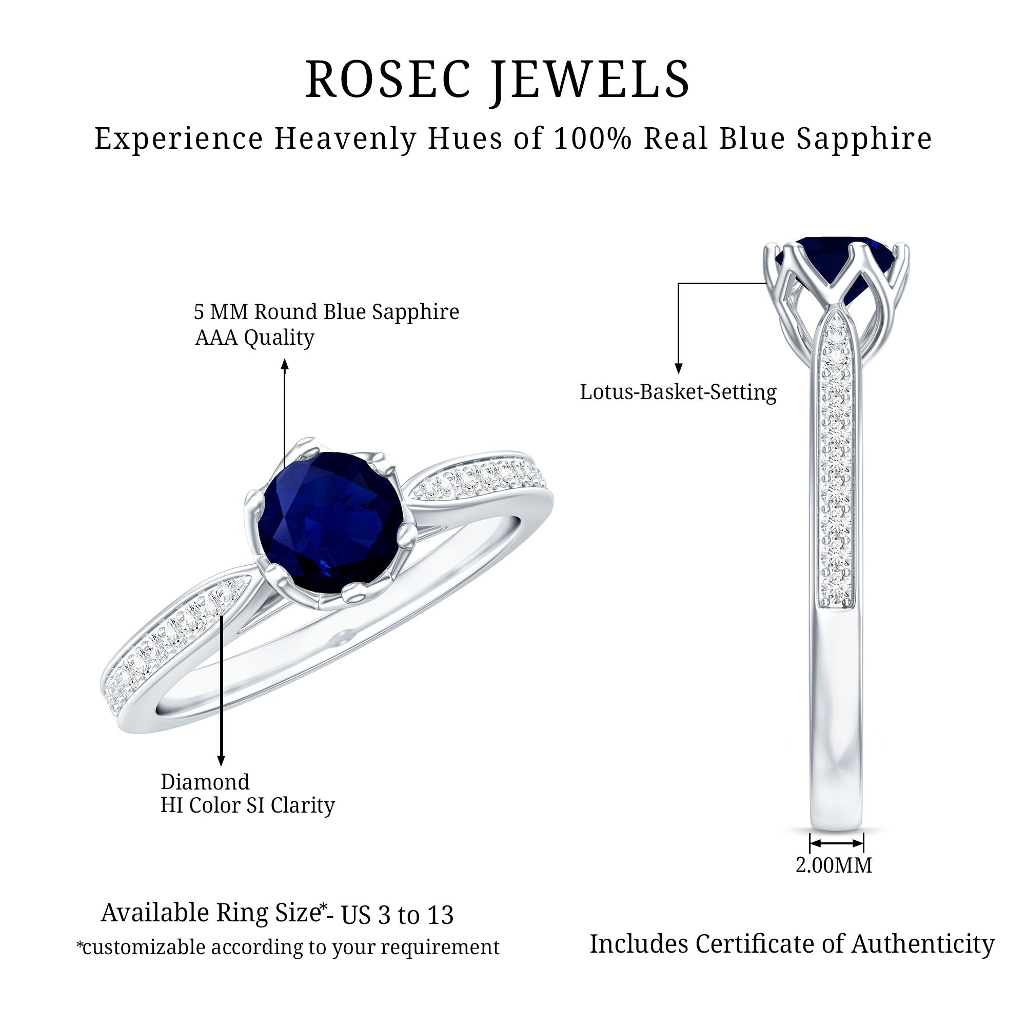 Natural 0.9 Carat Blue Sapphire Engagement Ring with Diamond AAA - Rosec Jewels