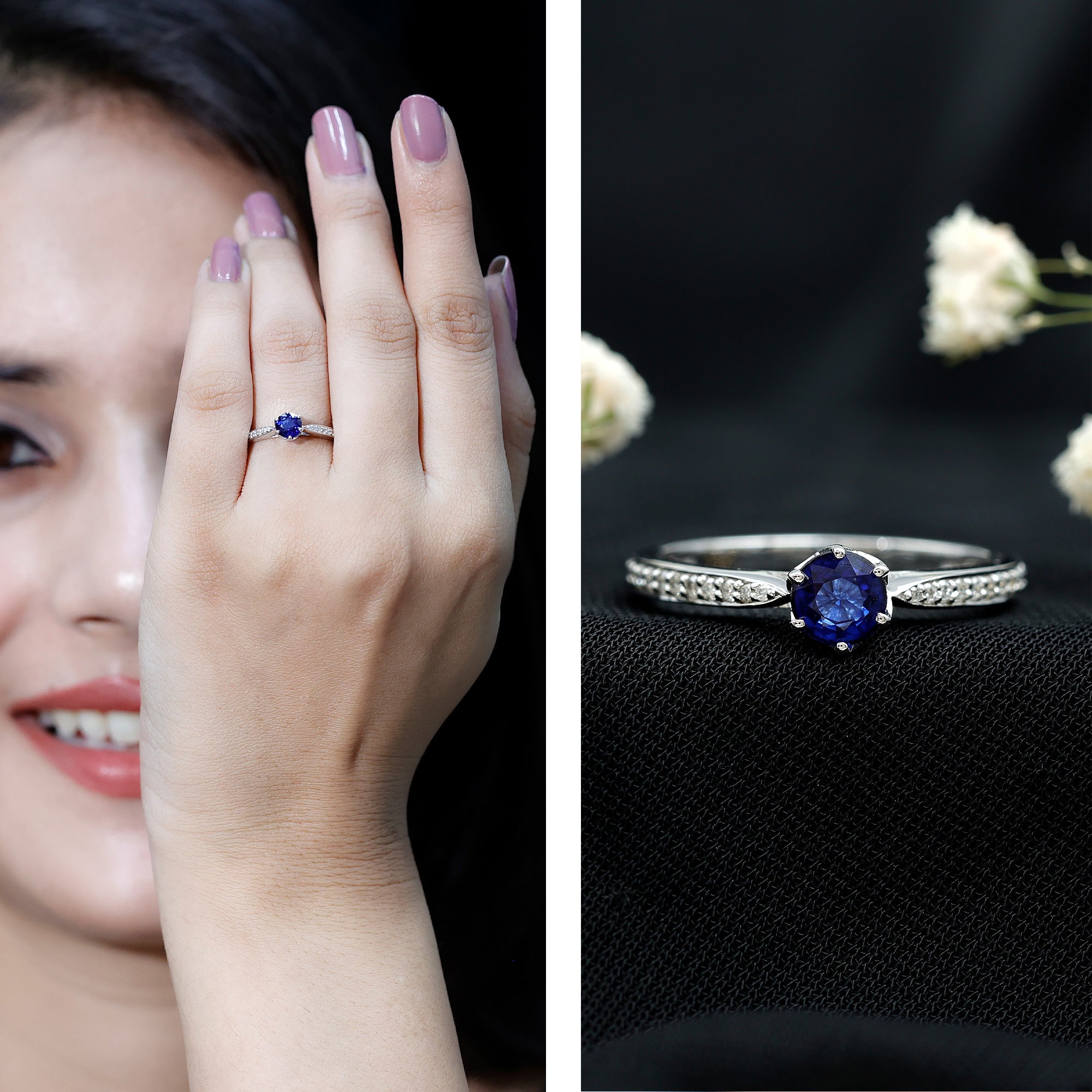 Natural 0.9 Carat Blue Sapphire Engagement Ring with Diamond AAA - Rosec Jewels
