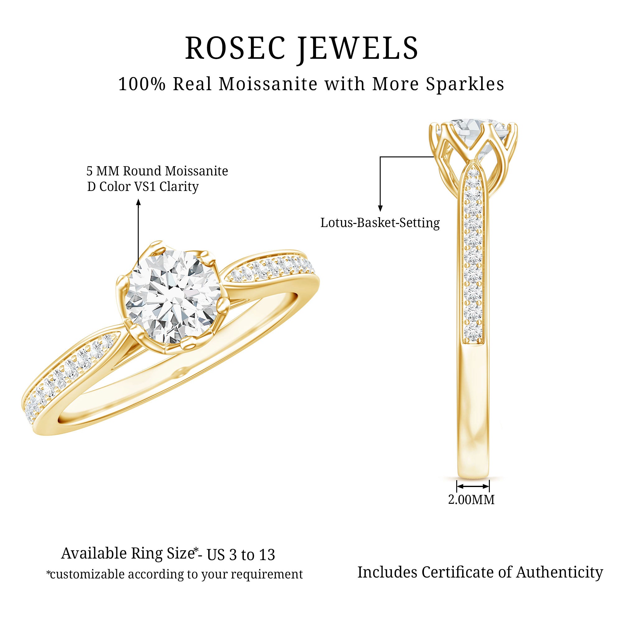 Rosec Jewels-Lotus Basket Set Moissanite Solitaire Engagement Ring for Women