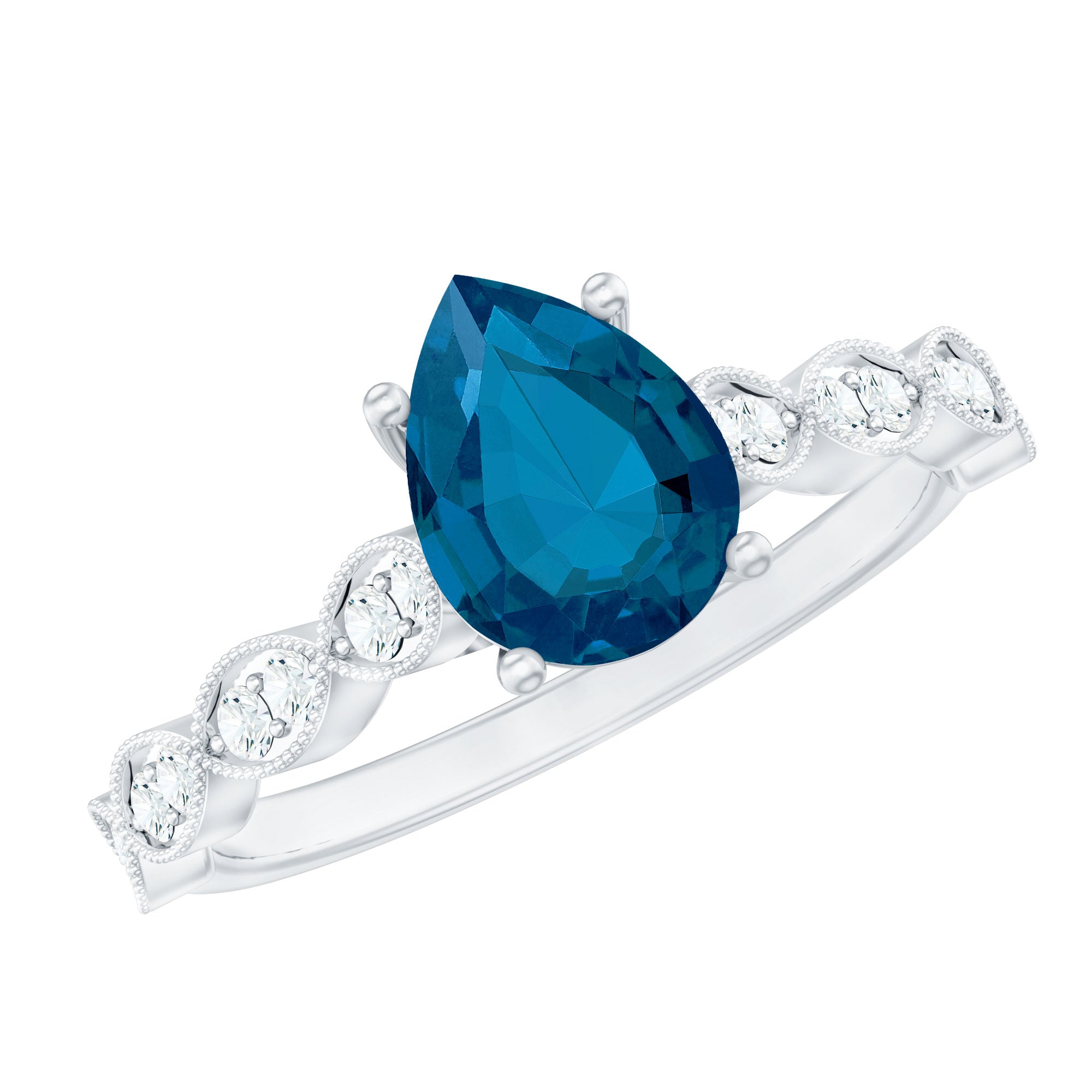 6X8mm Pear Shaped London Blue Topaz Teardrop Engagement Ring with Diamond AAA - Rosec Jewels