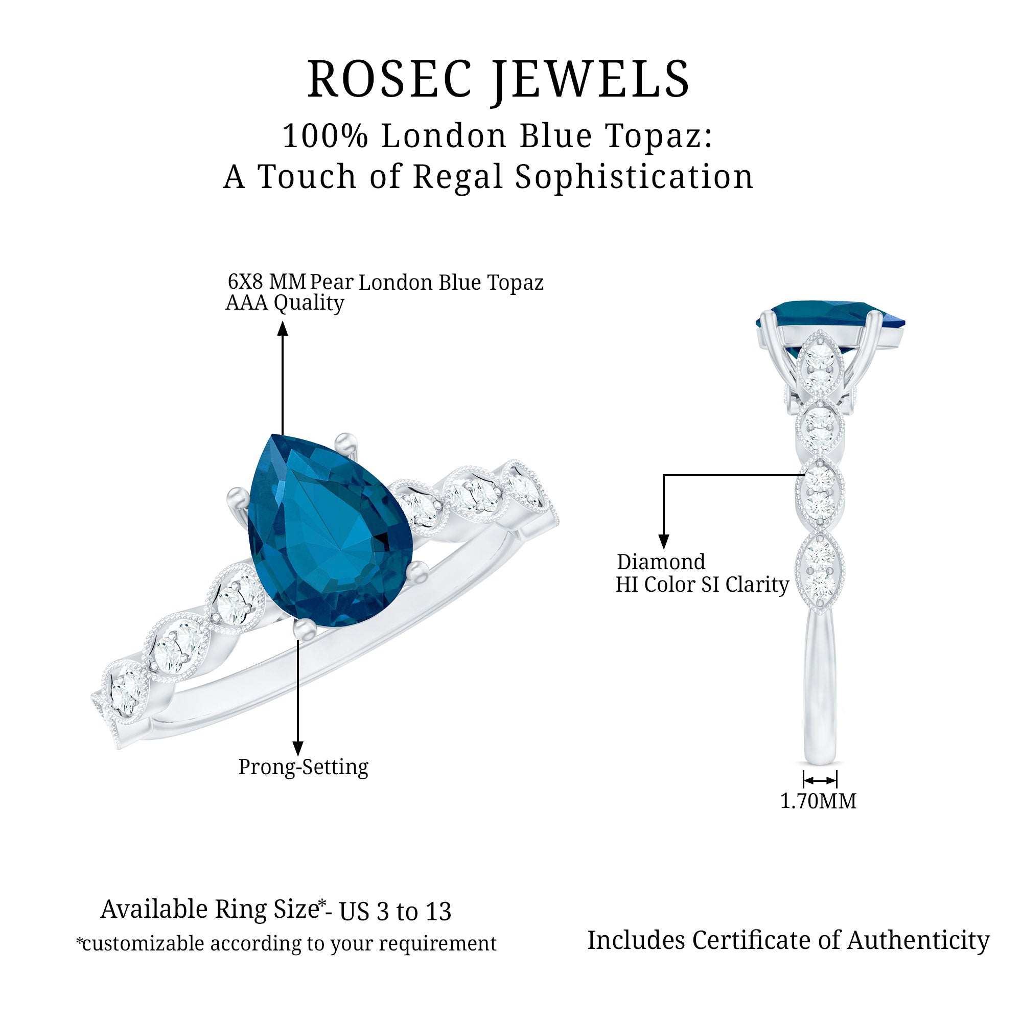 6X8mm Pear Shaped London Blue Topaz Teardrop Engagement Ring with Diamond AAA - Rosec Jewels