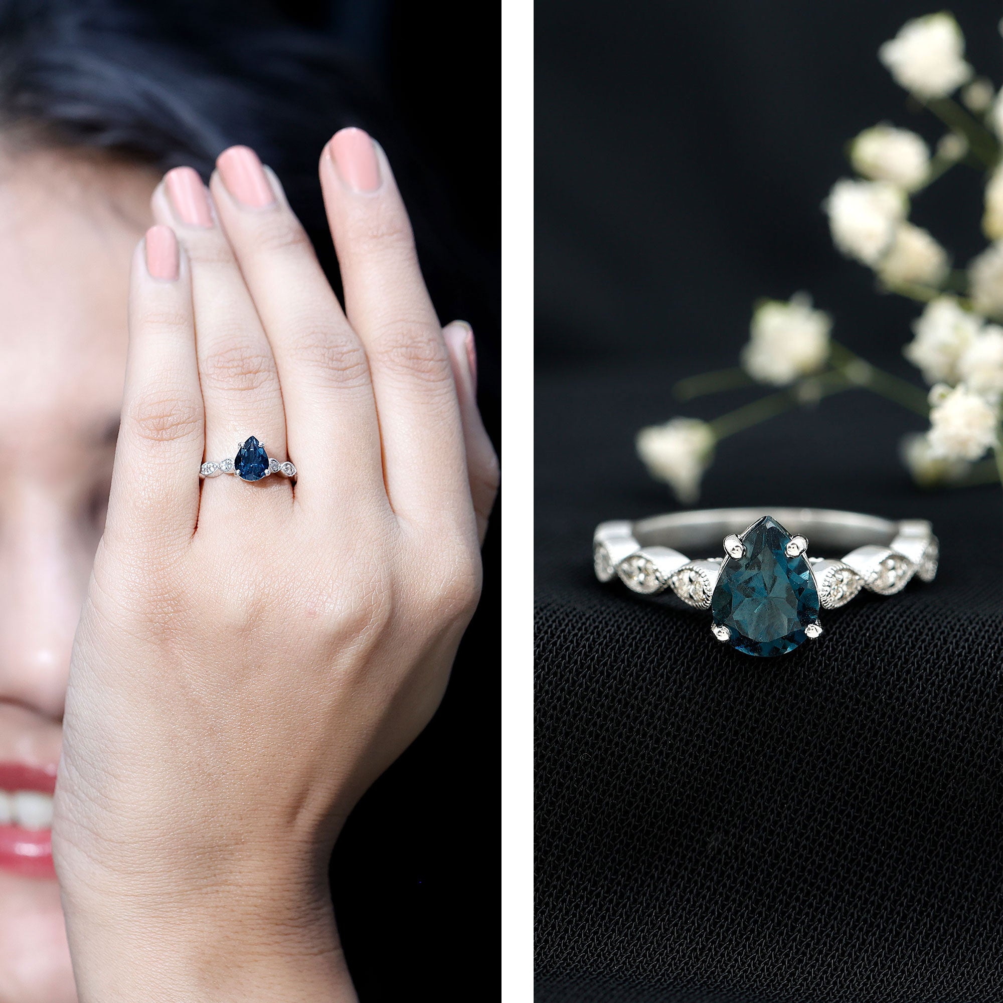 6X8mm Pear Shaped London Blue Topaz Teardrop Engagement Ring with Diamond AAA - Rosec Jewels