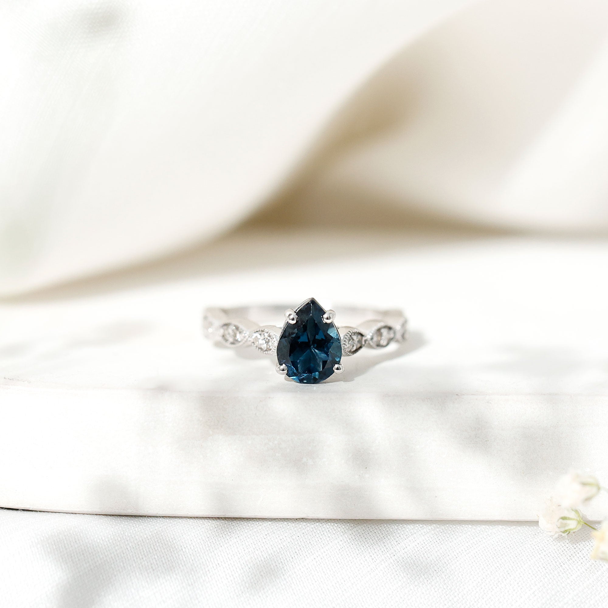 6X8mm Pear Shaped London Blue Topaz Teardrop Engagement Ring with Diamond AAA - Rosec Jewels