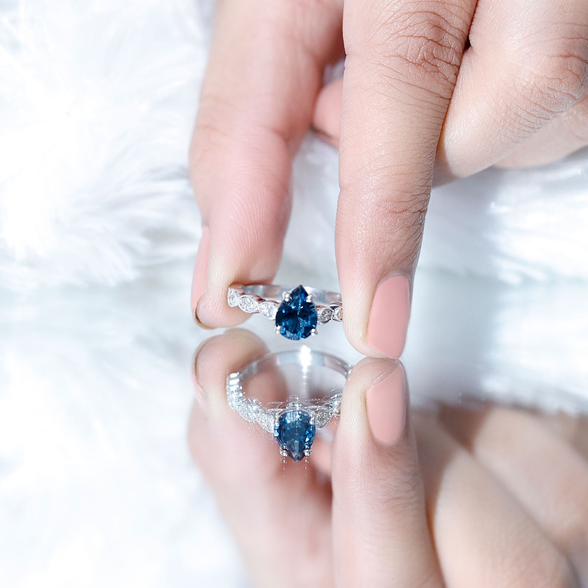 6X8mm Pear Shaped London Blue Topaz Teardrop Engagement Ring with Diamond AAA - Rosec Jewels