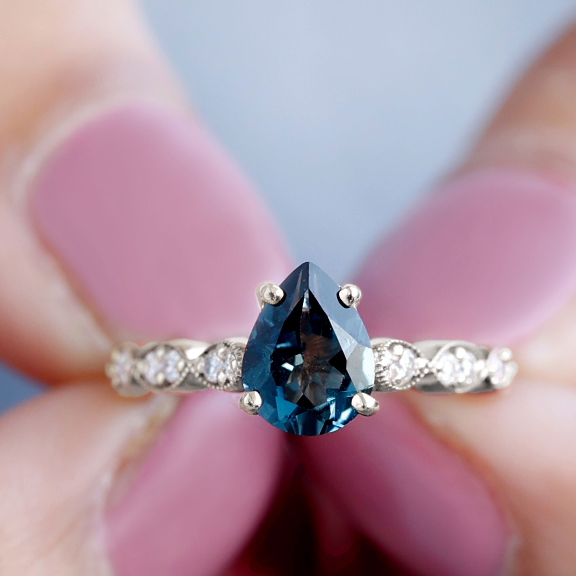6X8mm Pear Shaped London Blue Topaz Teardrop Engagement Ring with Diamond AAA - Rosec Jewels