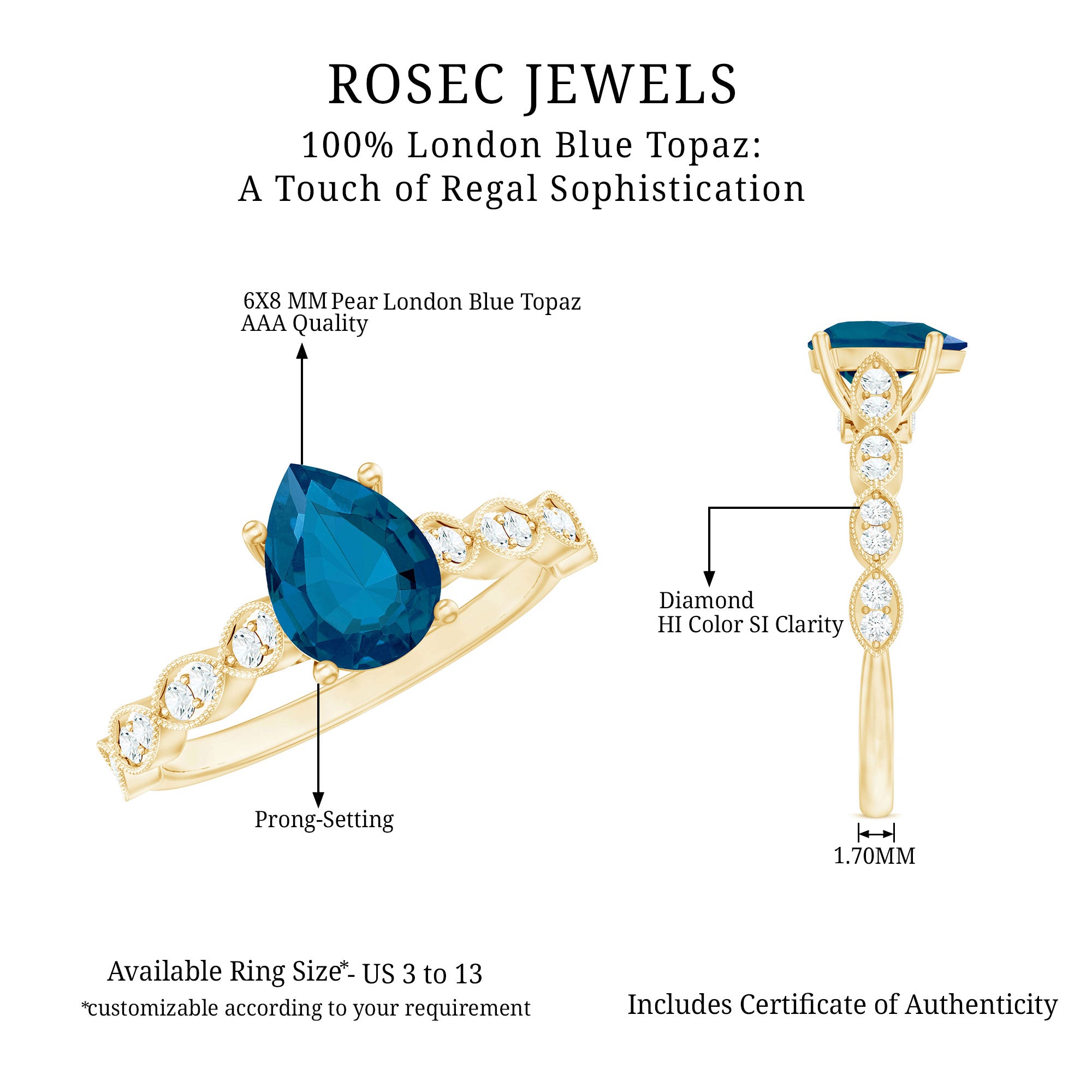 6X8mm Pear Shaped London Blue Topaz Teardrop Engagement Ring with Diamond AAA - Rosec Jewels