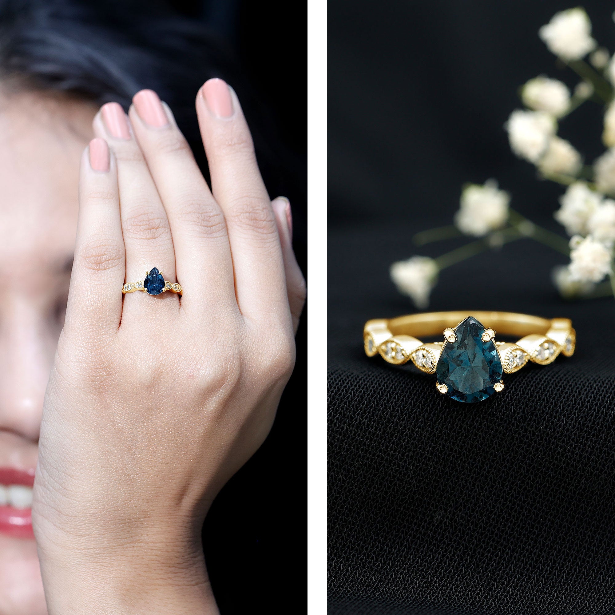 6X8mm Pear Shaped London Blue Topaz Teardrop Engagement Ring with Diamond AAA - Rosec Jewels