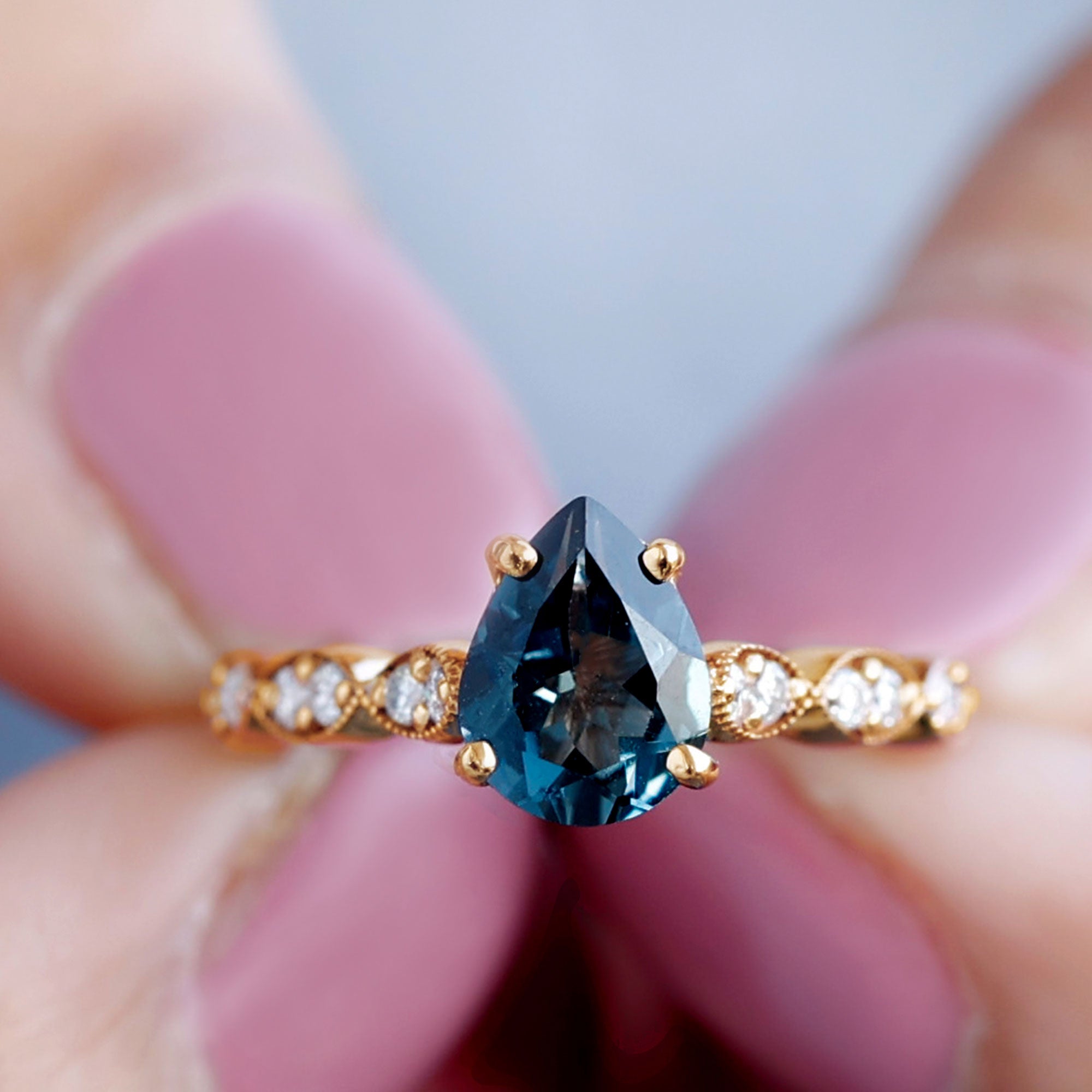 6X8mm Pear Shaped London Blue Topaz Teardrop Engagement Ring with Diamond AAA - Rosec Jewels