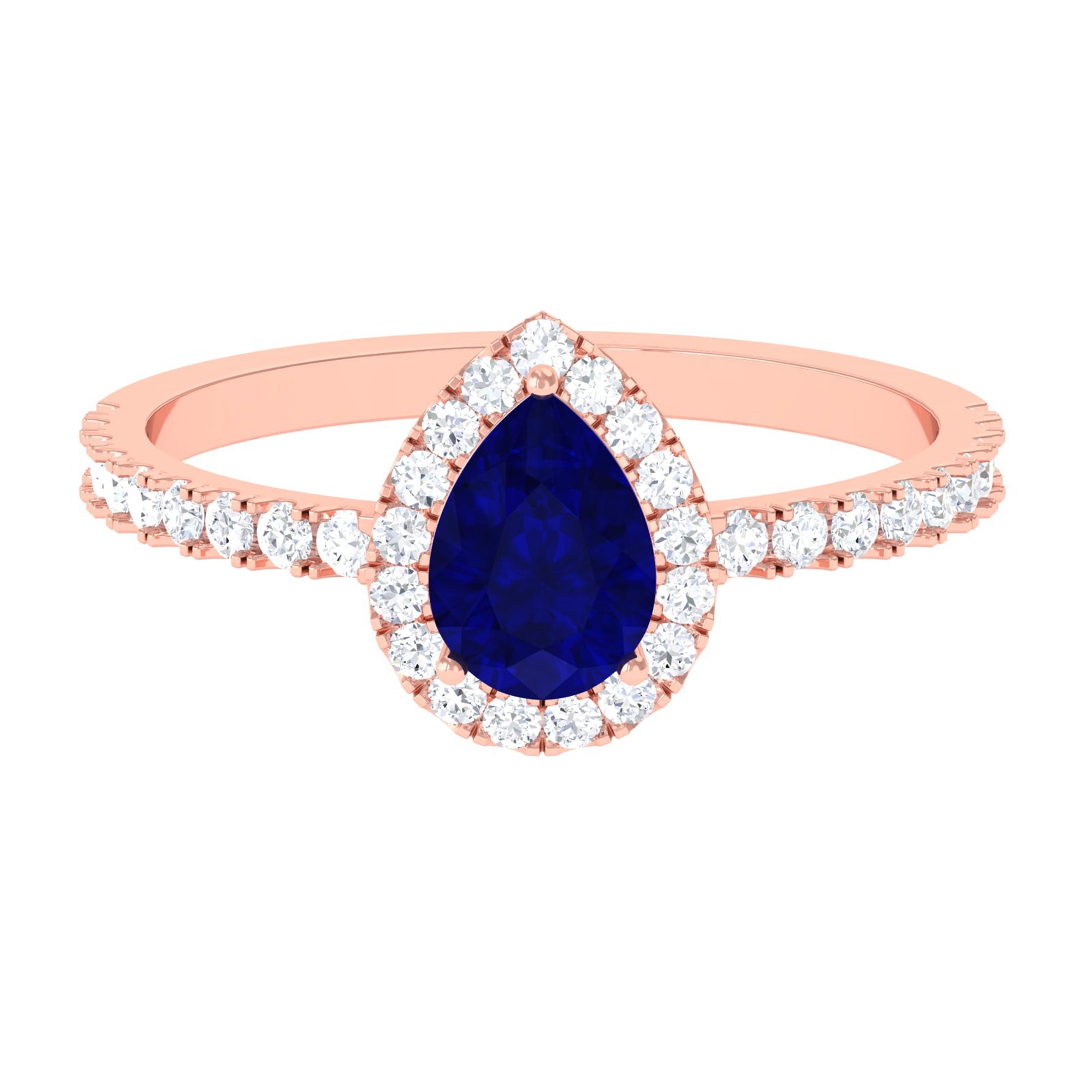 Natural Blue Sapphire and Diamond Teardrop Halo Engagement Ring AAA - Rosec Jewels