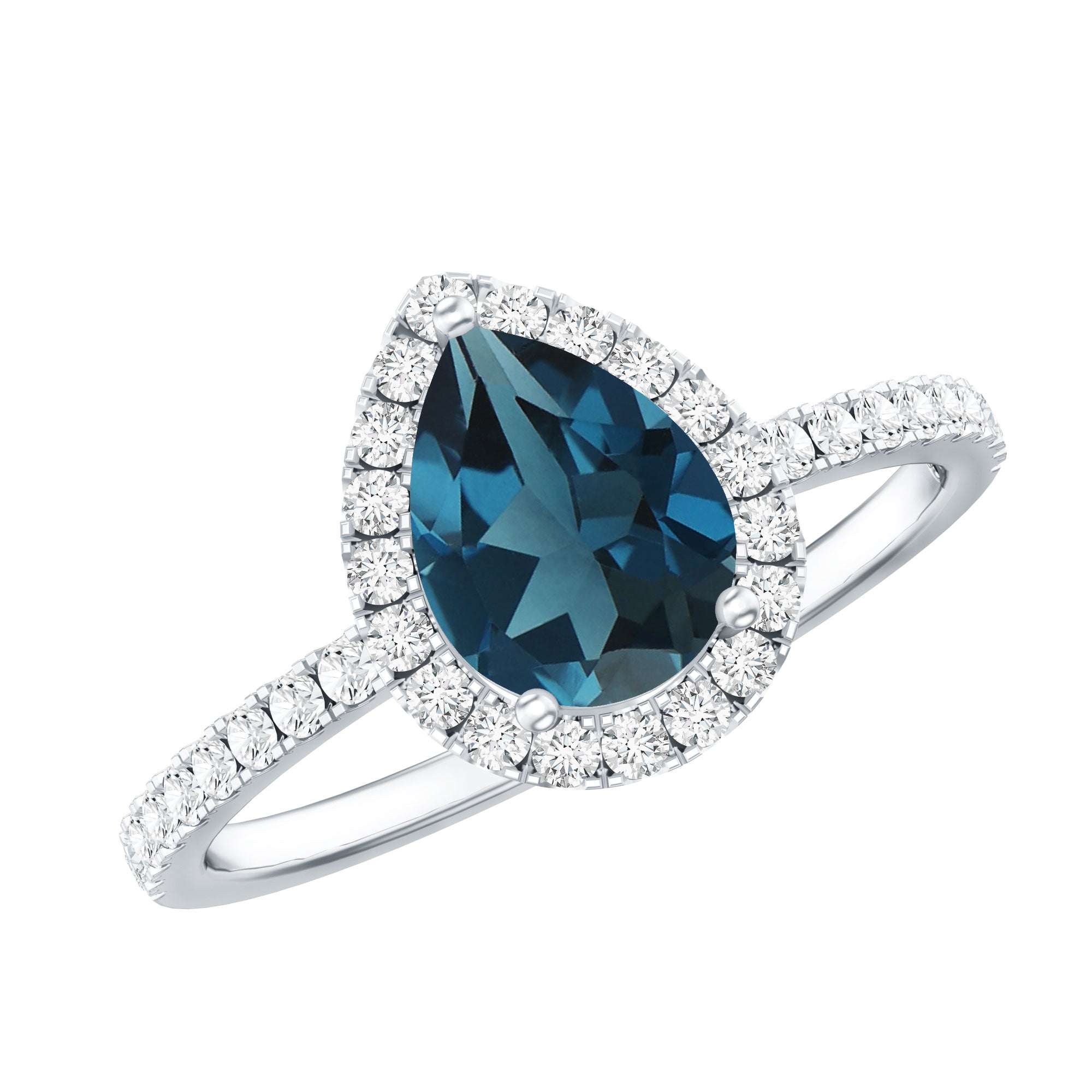 5X7 mm Pear Shape London Blue Topaz Teardrop Engagement Ring with Diamond Halo AAA - Rosec Jewels