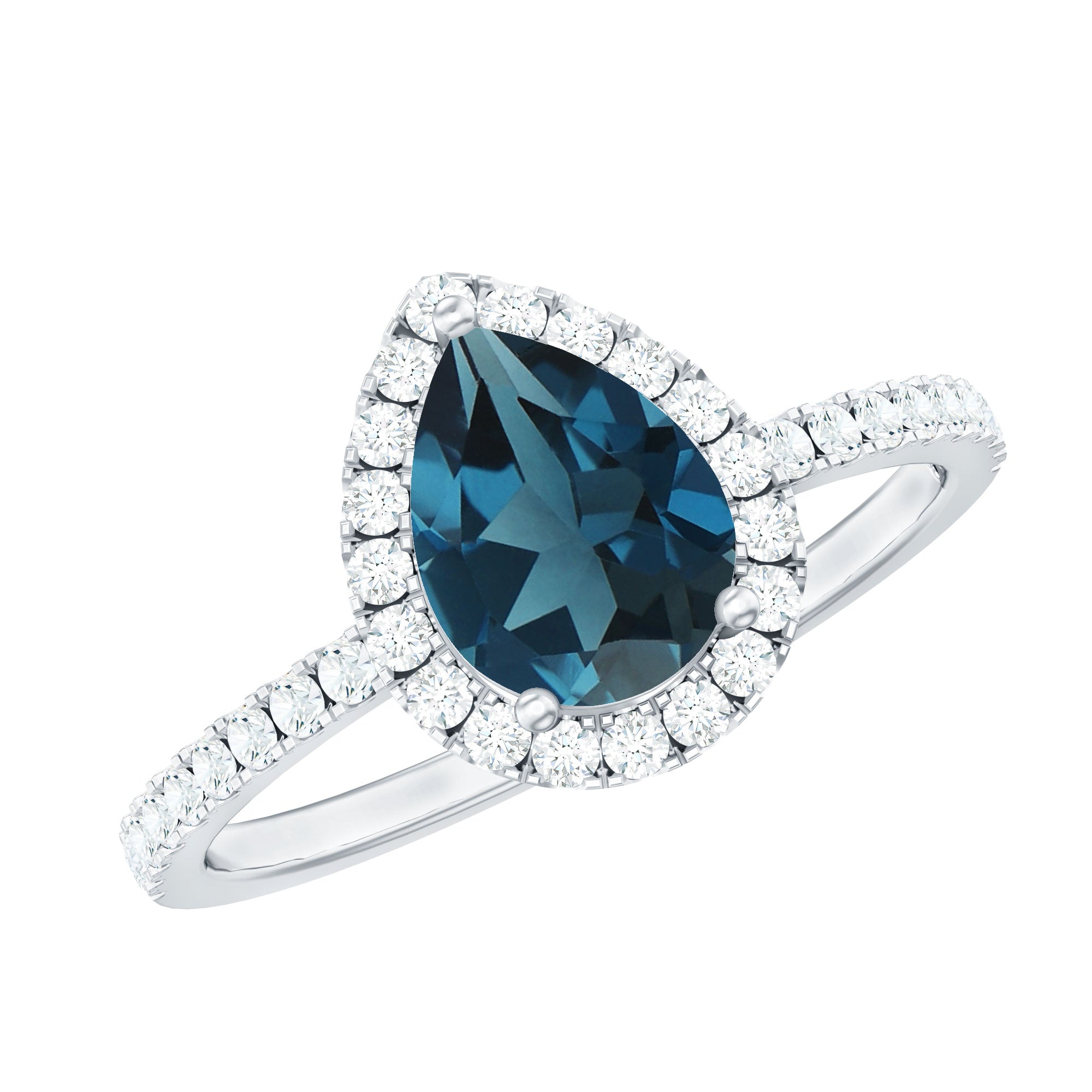 5X7 mm Pear Shape London Blue Topaz Teardrop Engagement Ring with Diamond Halo