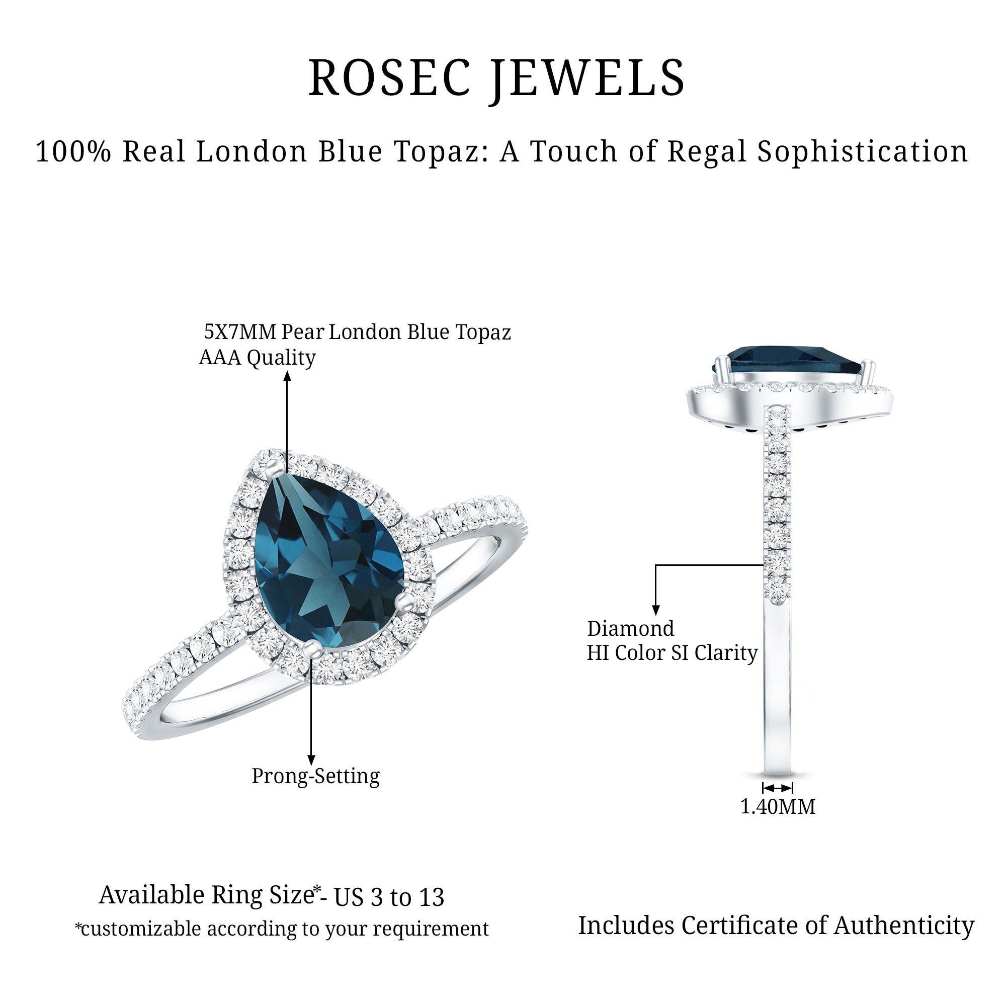 5X7 mm Pear Shape London Blue Topaz Teardrop Engagement Ring with Diamond Halo AAA - Rosec Jewels