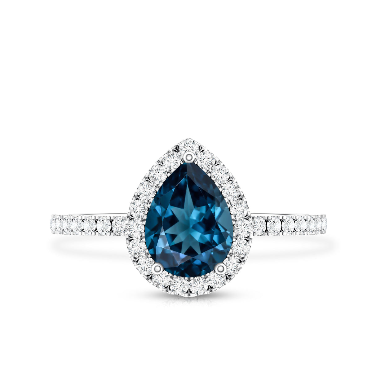 0.7 Carat Pear Shape London Blue Topaz Teardrop Engagement Ring with Diamond Halo AAA - Rosec Jewels