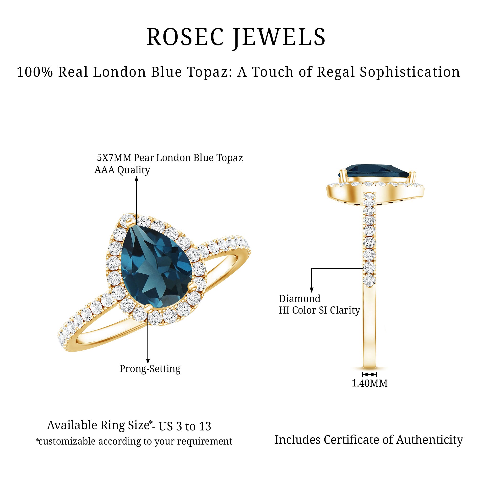 5X7 mm Pear Shape London Blue Topaz Teardrop Engagement Ring with Diamond Halo AAA - Rosec Jewels