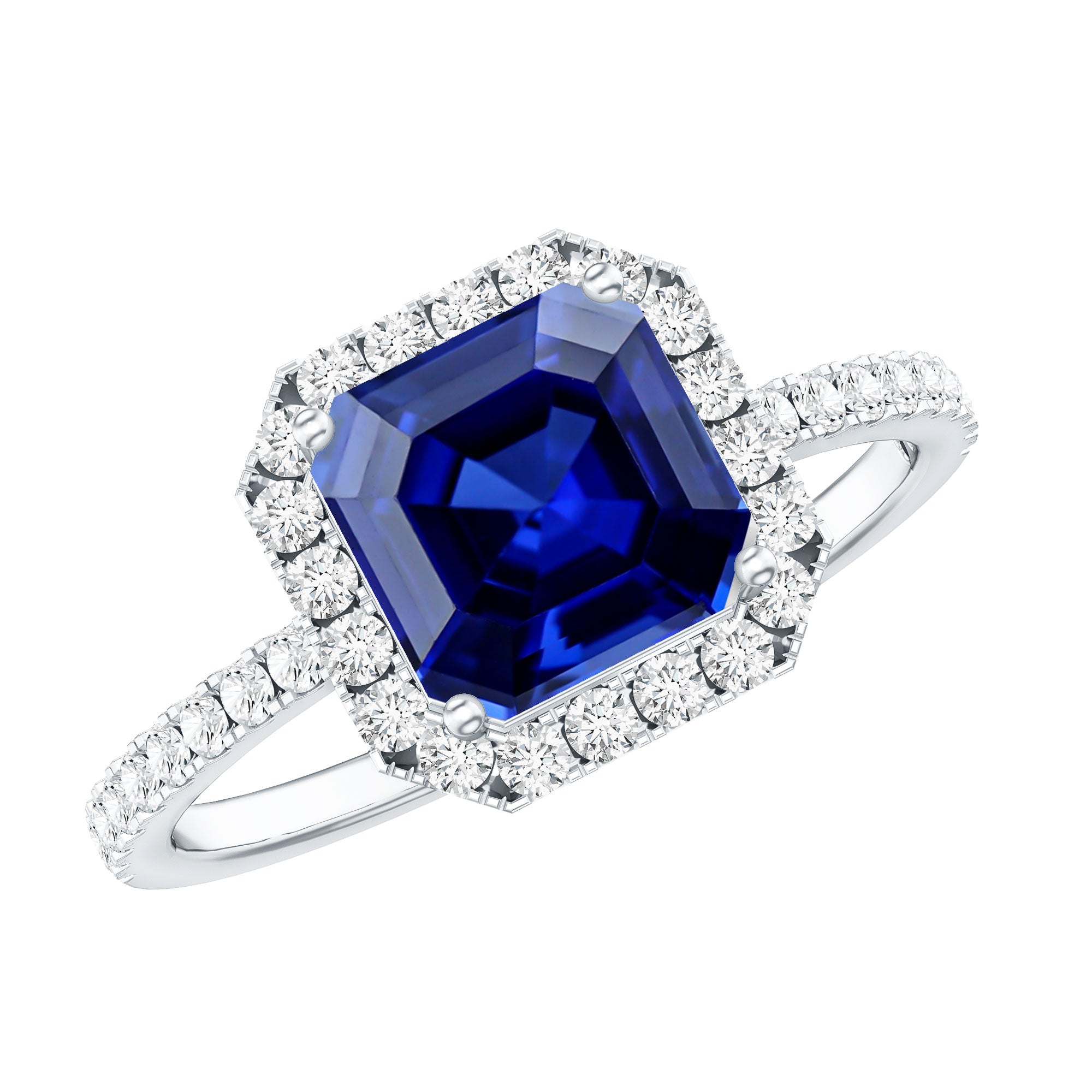 Certified 4.8 Carat Lab Grown Blue Sapphire Asscher Cut Engagement Ring with Diamond Halo AAAA - Rosec Jewels