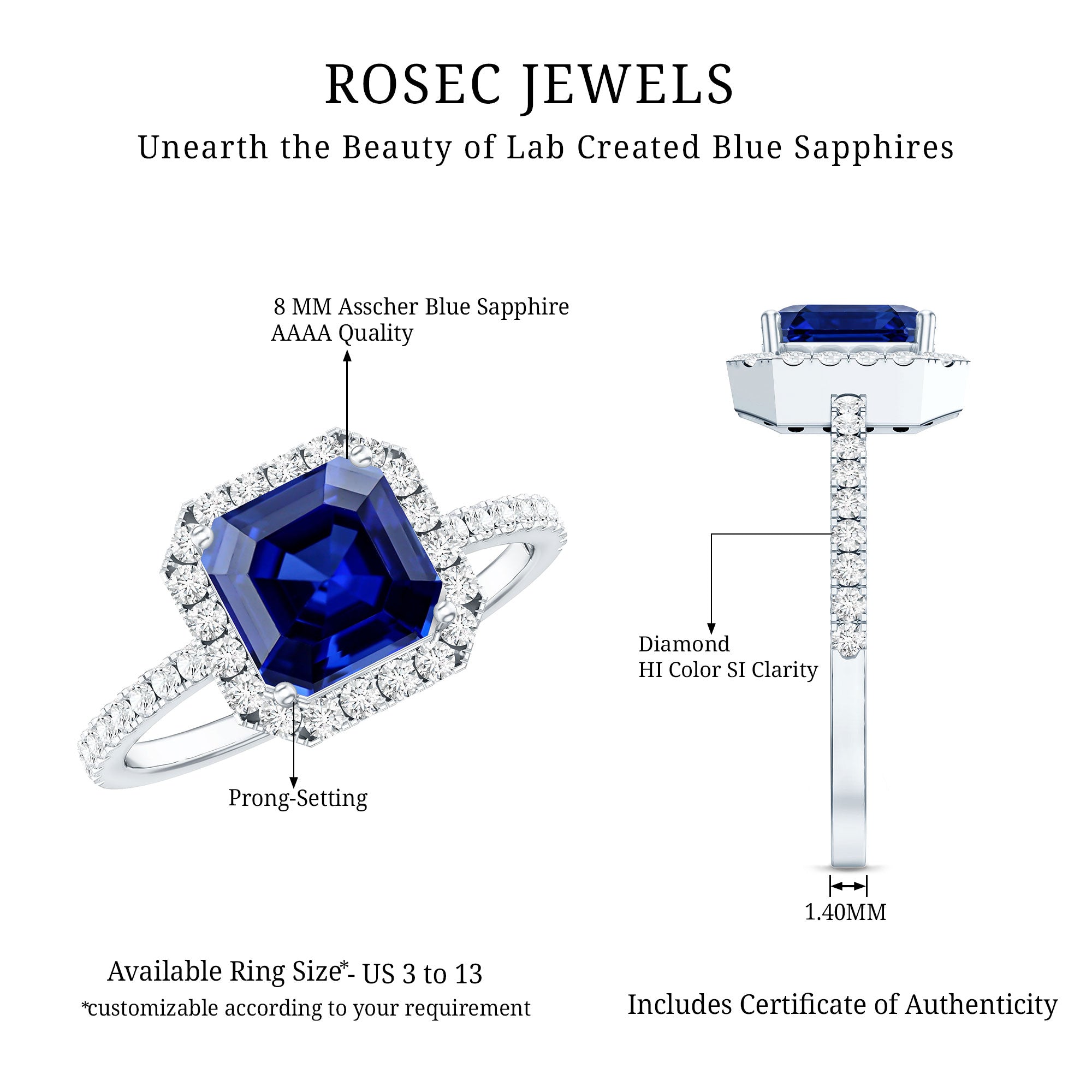 Certified 4.8 Carat Lab Grown Blue Sapphire Asscher Cut Engagement Ring with Diamond Halo AAAA - Rosec Jewels