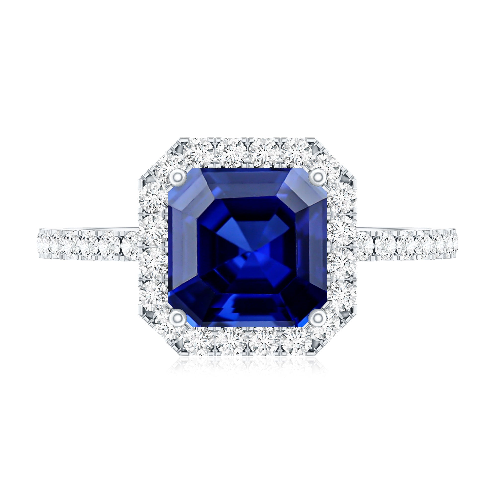 Certified 4.8 Carat Lab Grown Blue Sapphire Asscher Cut Engagement Ring with Diamond Halo AAAA - Rosec Jewels