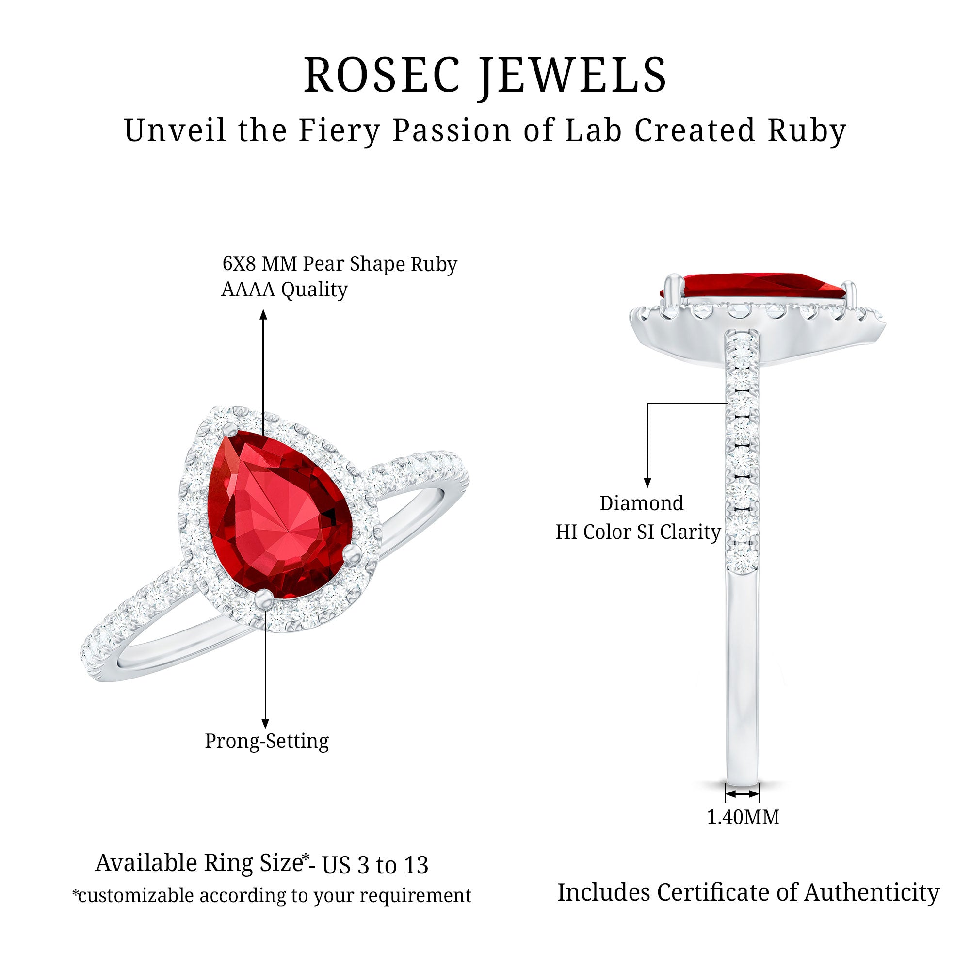 1 Carat Lab Created Ruby Teardrop Engagement Ring with Diamond Halo AAAA - Rosec Jewels