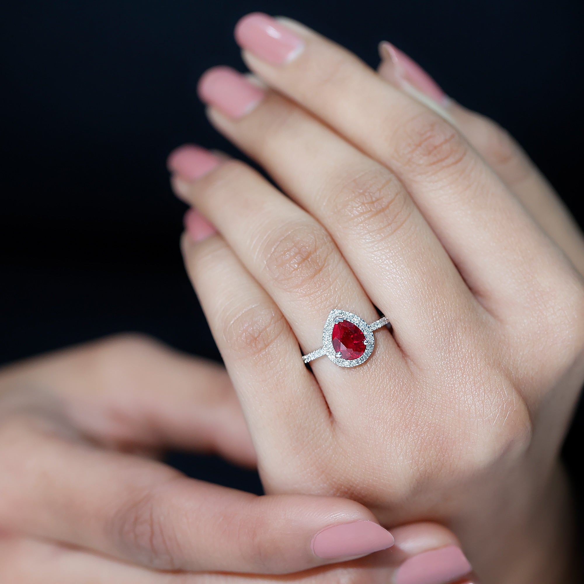1 Carat Lab Created Ruby Teardrop Engagement Ring with Diamond Halo AAAA - Rosec Jewels