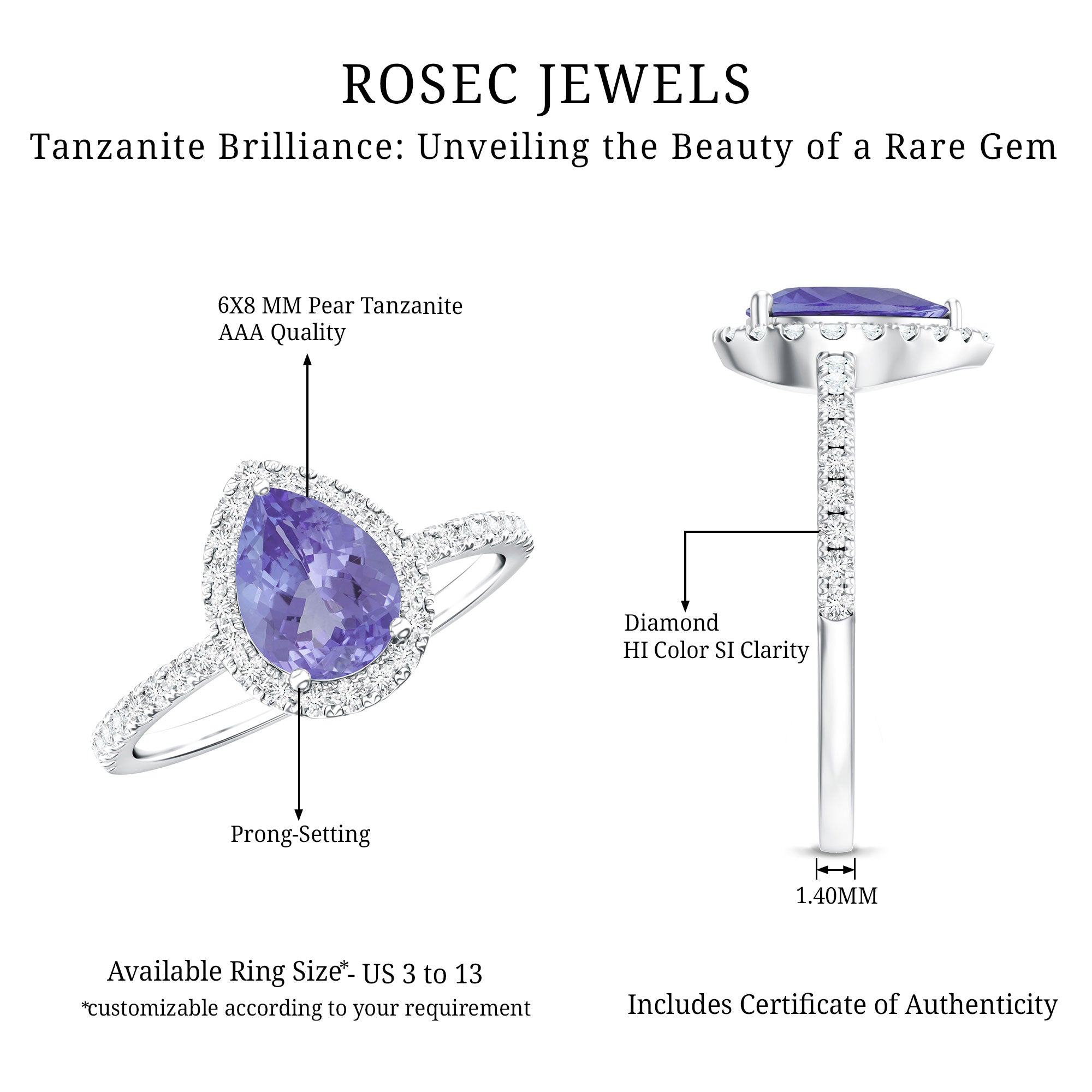 1.35 Carat Tanzanite Classic Engagement Ring with Diamond Halo AAA - Rosec Jewels