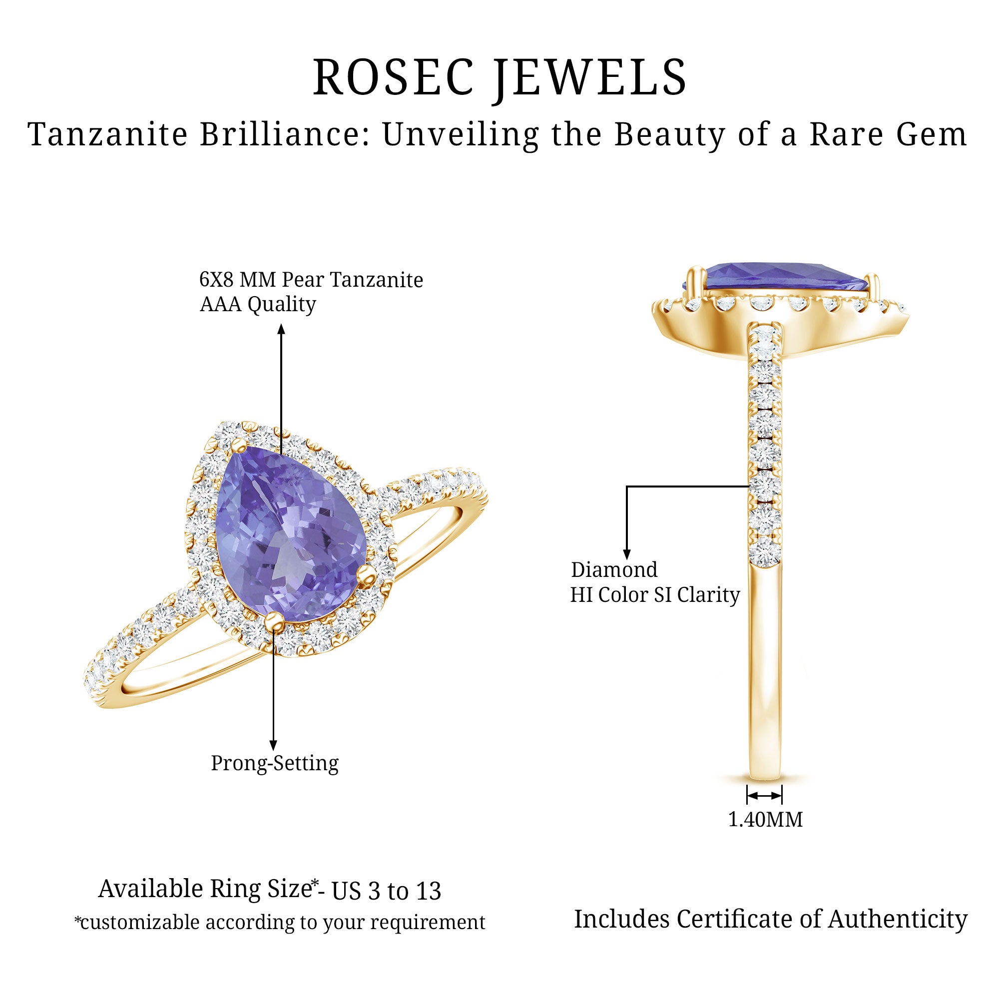 1.35 Carat Tanzanite Classic Engagement Ring with Diamond Halo AAA - Rosec Jewels