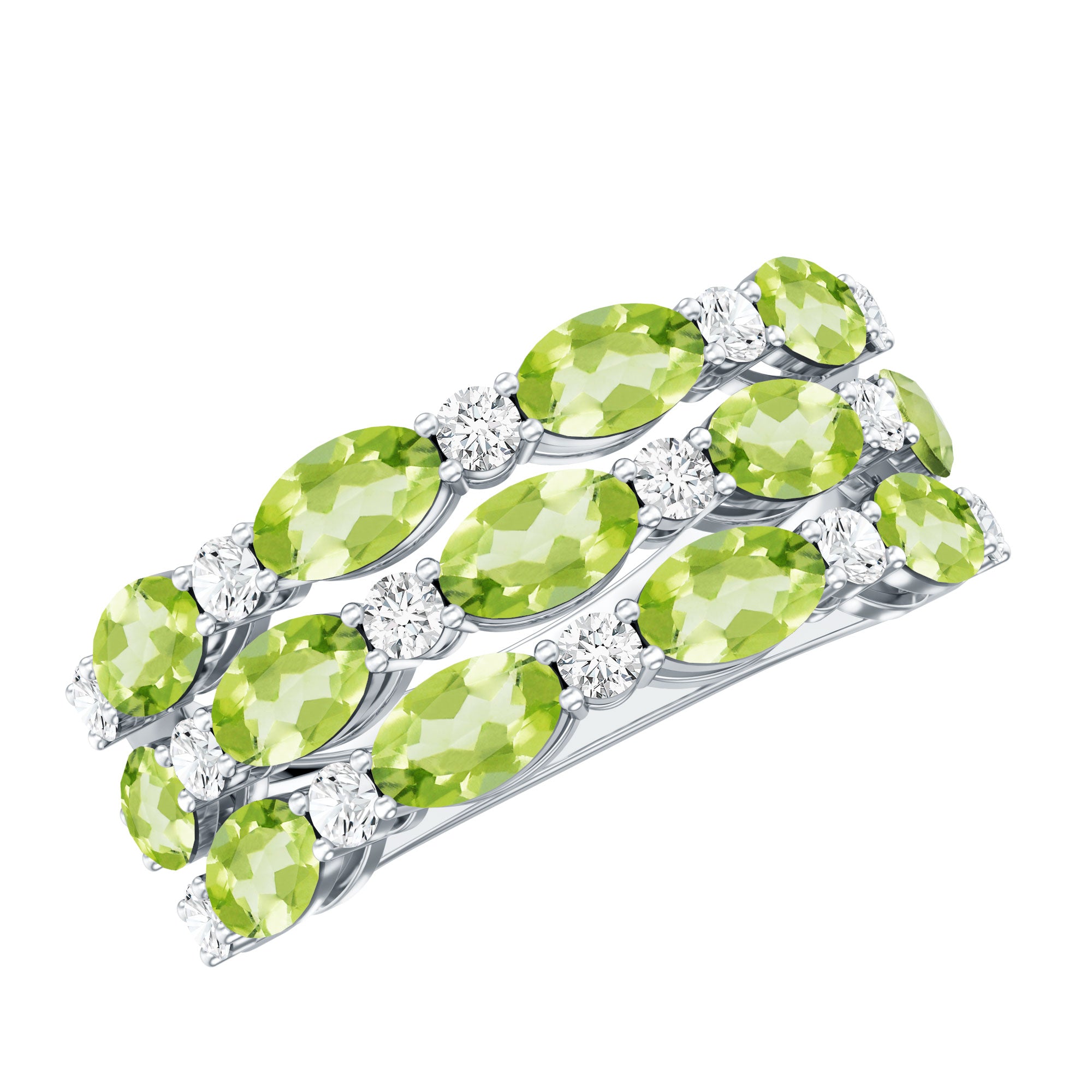 Certified Natural Peridot 3 Row Wedding Band with Diamond AAA - Rosec Jewels