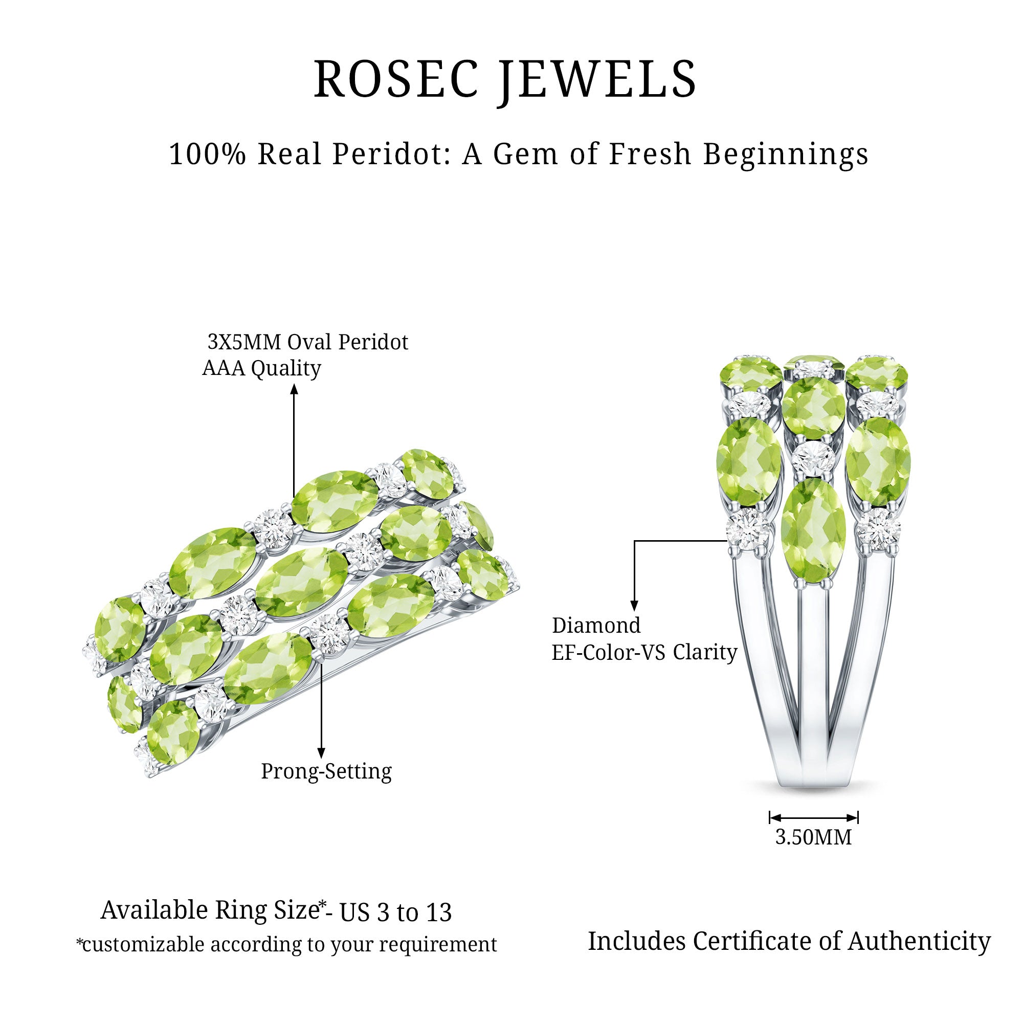 Certified Natural Peridot 3 Row Wedding Band with Diamond AAA - Rosec Jewels