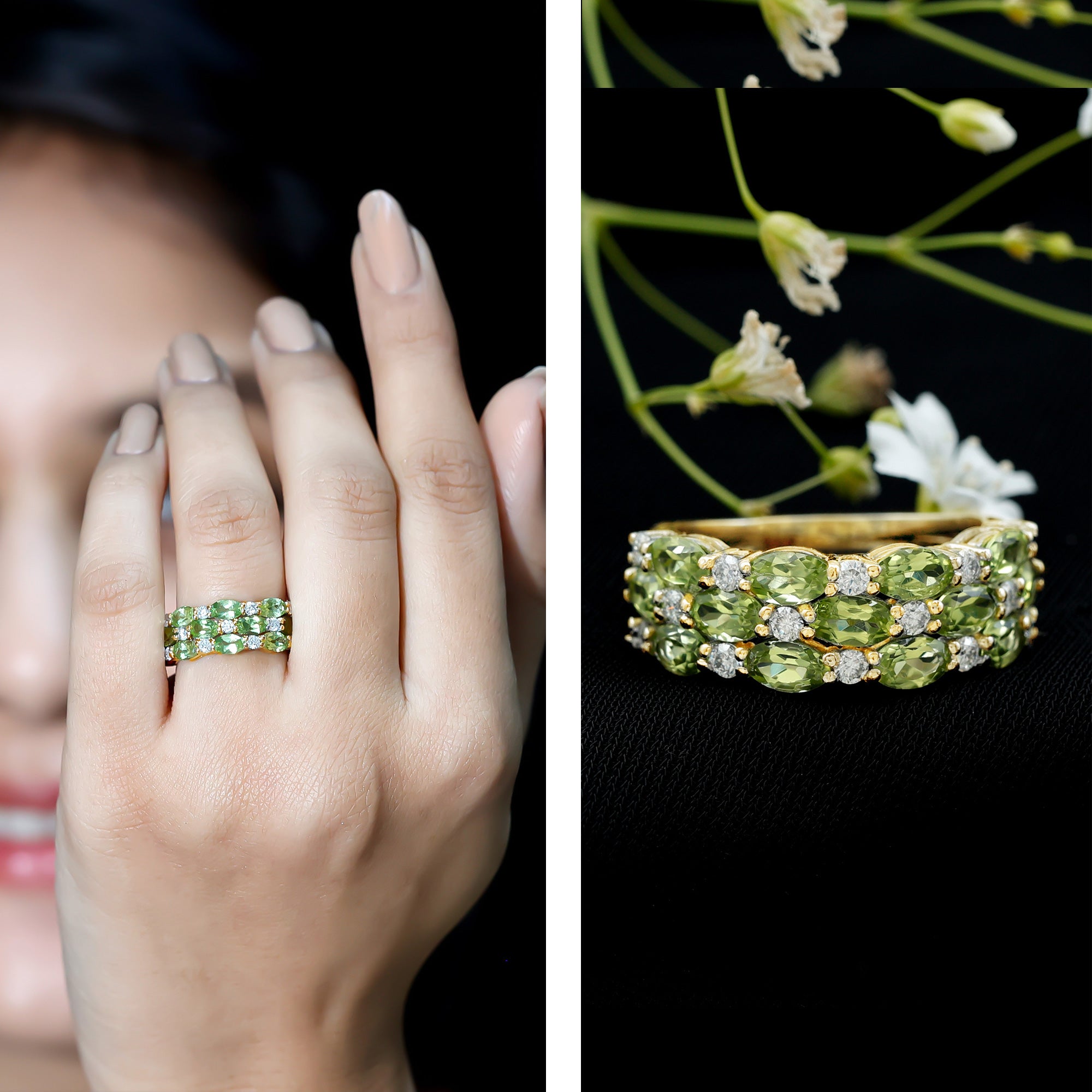 Certified Natural Peridot 3 Row Wedding Band with Diamond AAA - Rosec Jewels