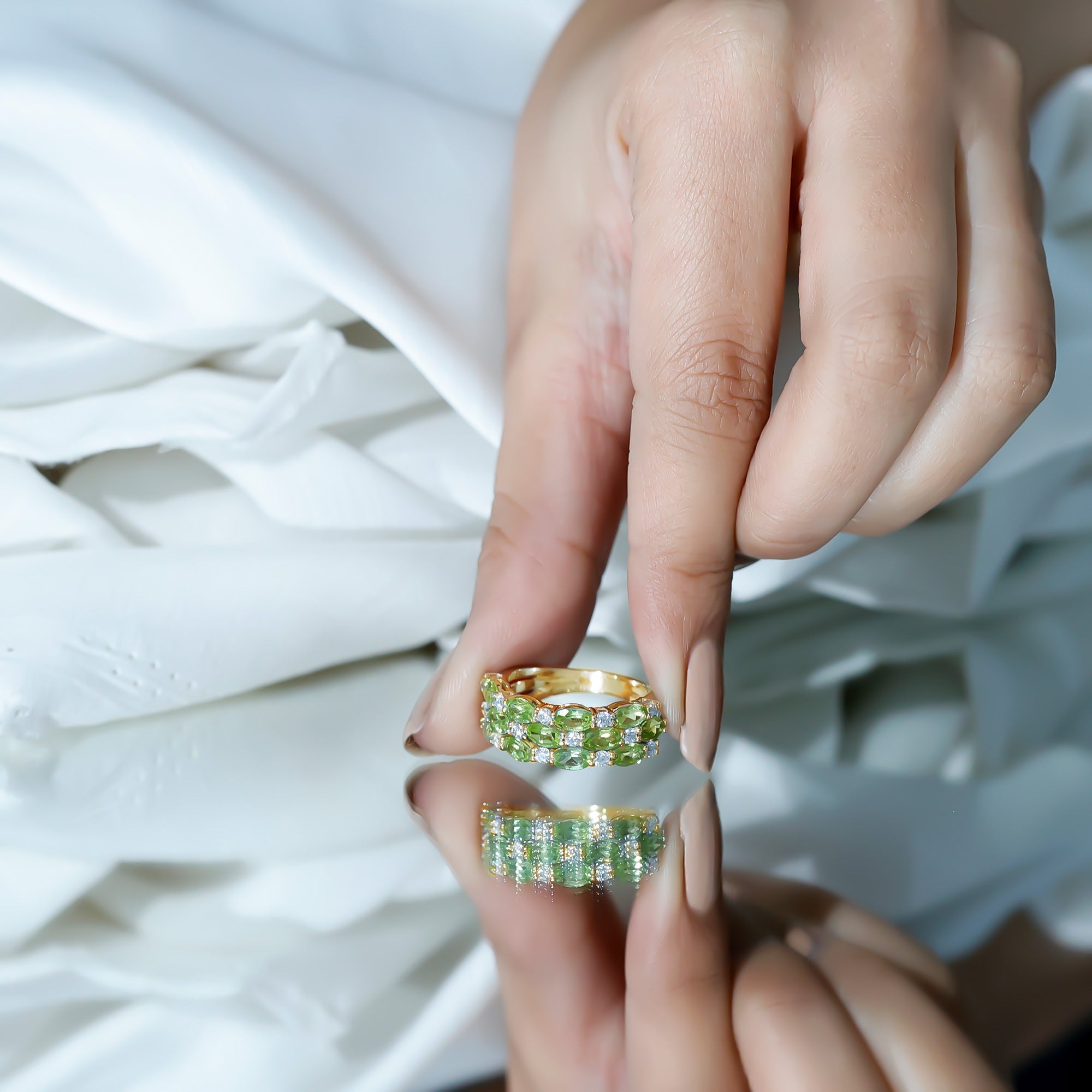 Certified Natural Peridot 3 Row Wedding Band with Diamond AAA - Rosec Jewels