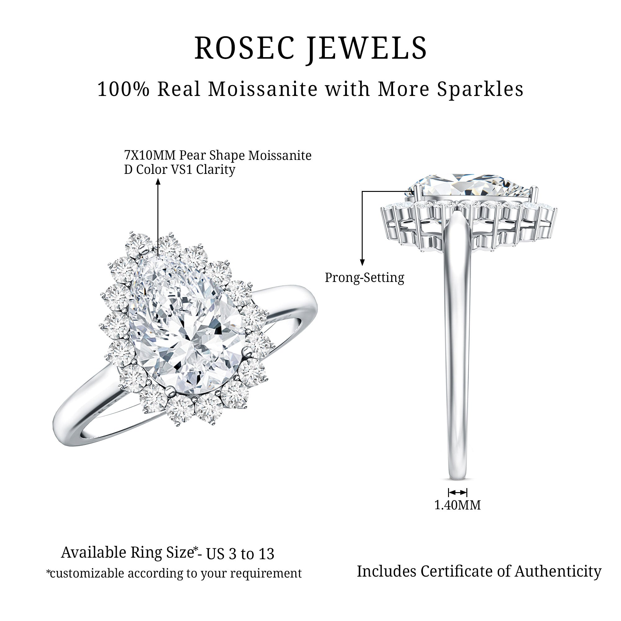 Certified Pear Cut Engagement Ring With Moissanite D-VS1 - Rosec Jewels