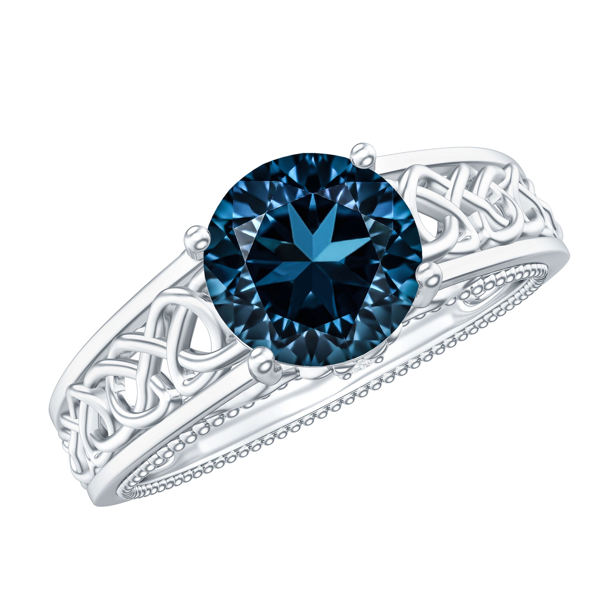1.35 Carat Round London Blue Topaz Vintage Engagement Ring with Celtic Style Band AAA - Rosec Jewels