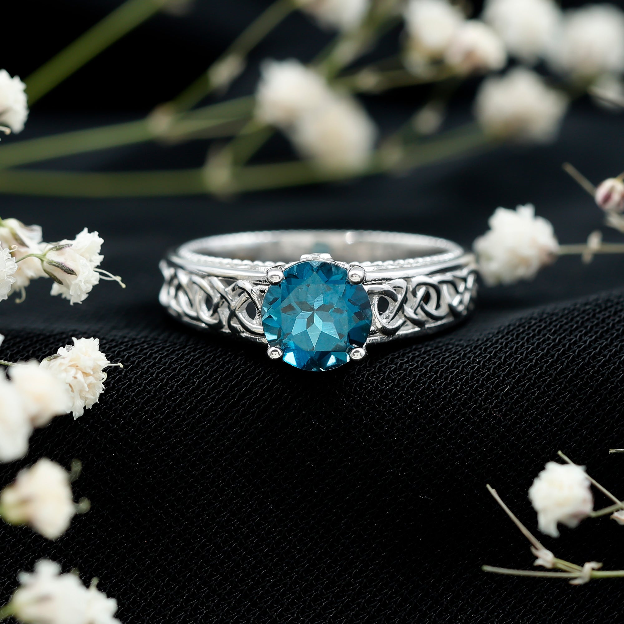 1.35 Carat Round London Blue Topaz Vintage Engagement Ring with Celtic Style Band AAA - Rosec Jewels