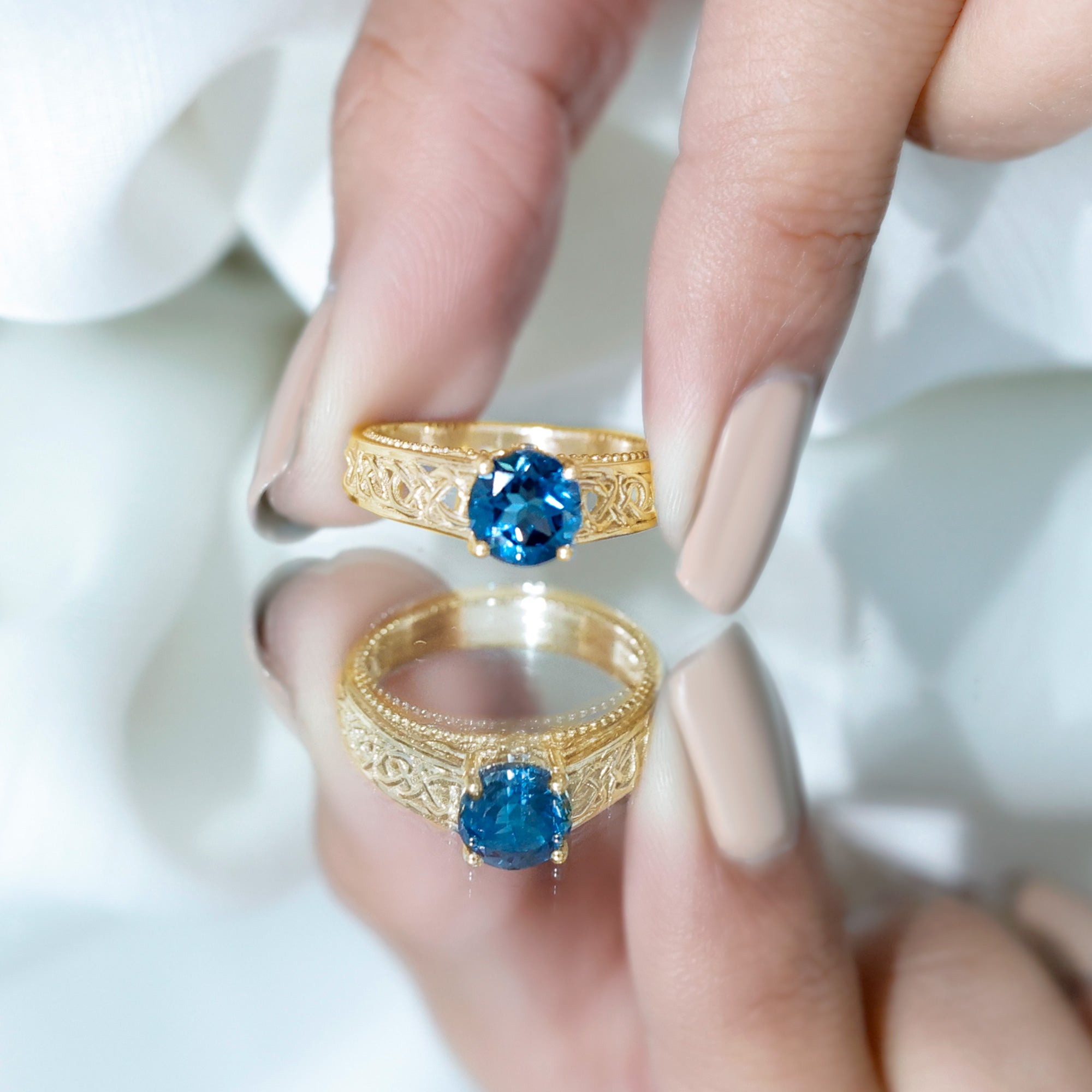 7mm Round London Blue Topaz Vintage Engagement Ring with Celtic Style Band AAA - Rosec Jewels