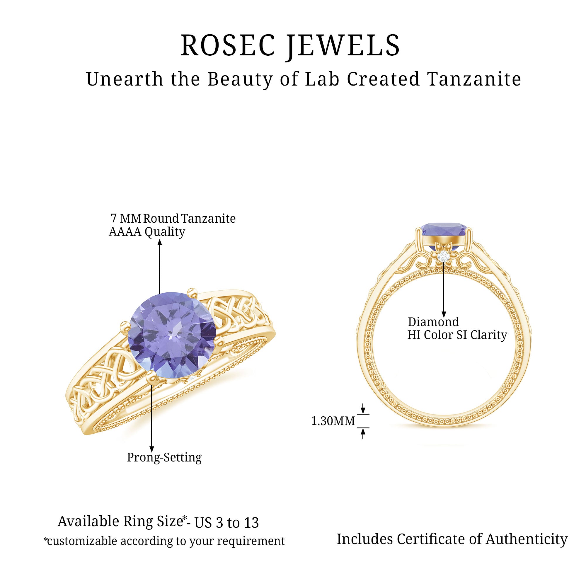 1.5 Carat Lab Created Tanzanite Engagement Ring with Celtic Design AAAA - Rosec Jewels