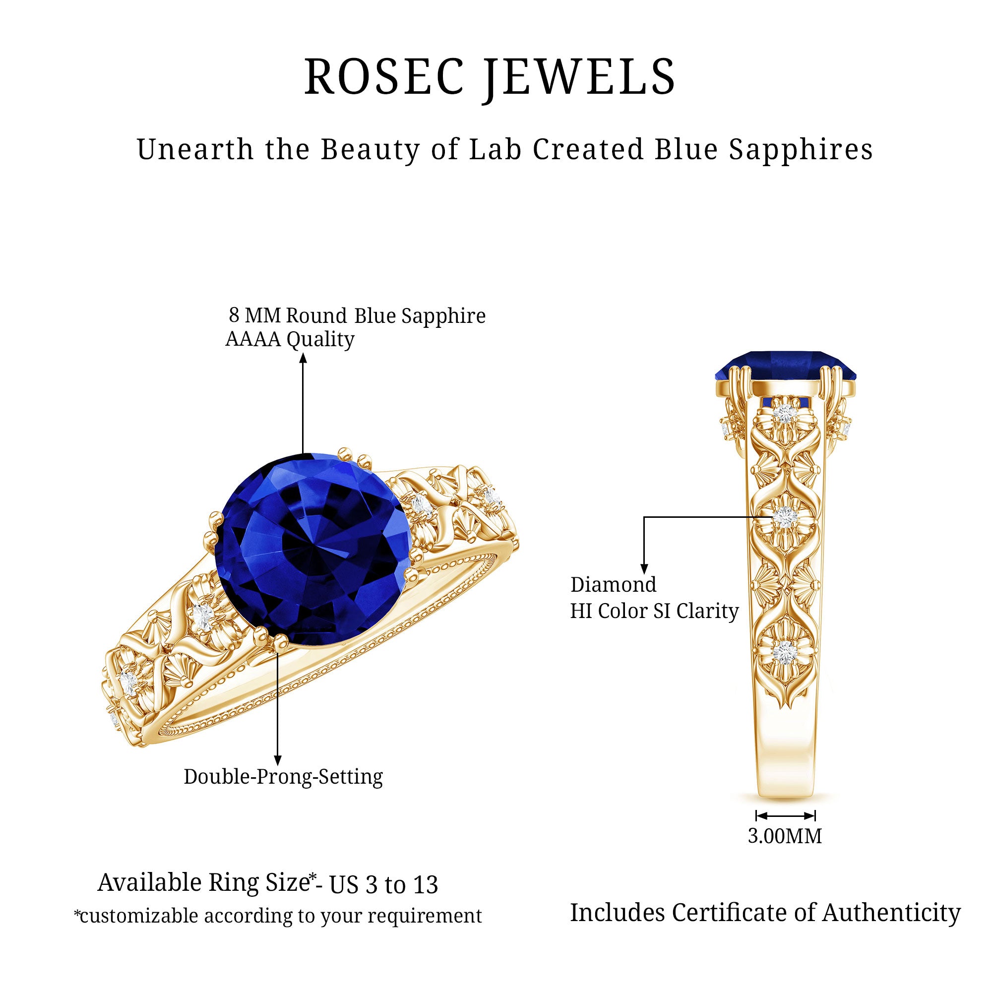 Nature Inspired 2.7 Carat Lab Grown Blue Sapphire Engagement Ring with Diamond AAAA - Rosec Jewels
