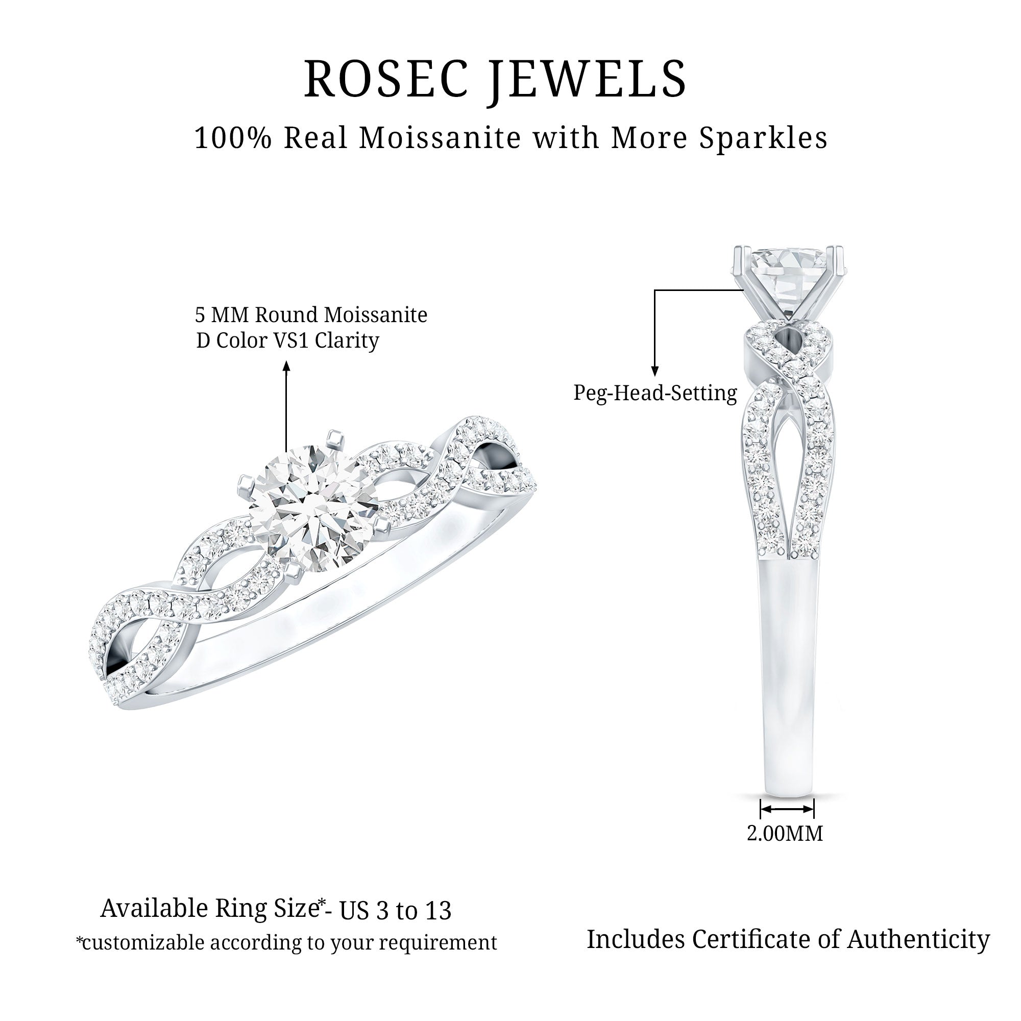 1 CT Round Shape Moissanite Crossover Infinity Ring D-VS1 - Rosec Jewels