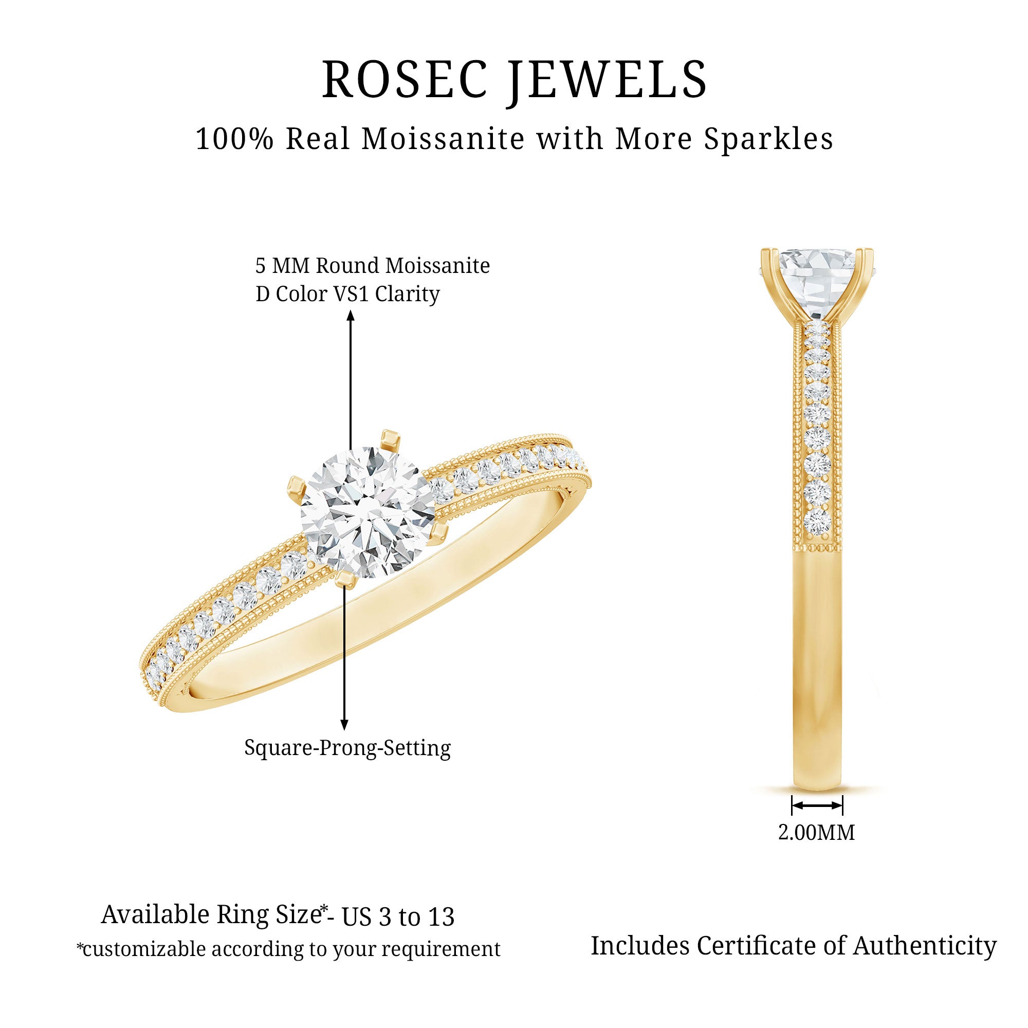 5 MM Moissanite Solitaire Engagement Ring with Milgrain D-VS1 - Rosec Jewels