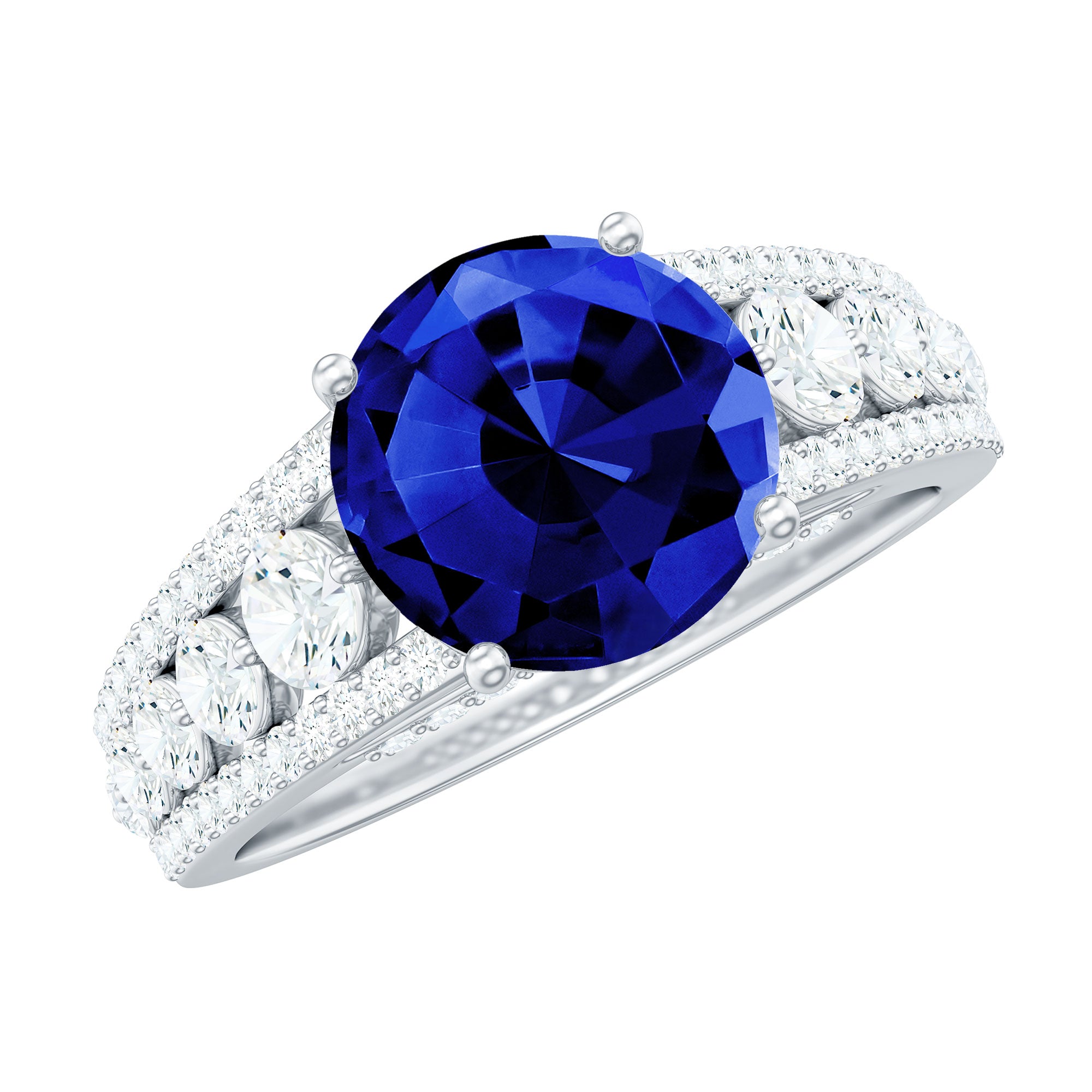 Solitaire Created Blue Sapphire Statement Engagement Ring with Moissanite