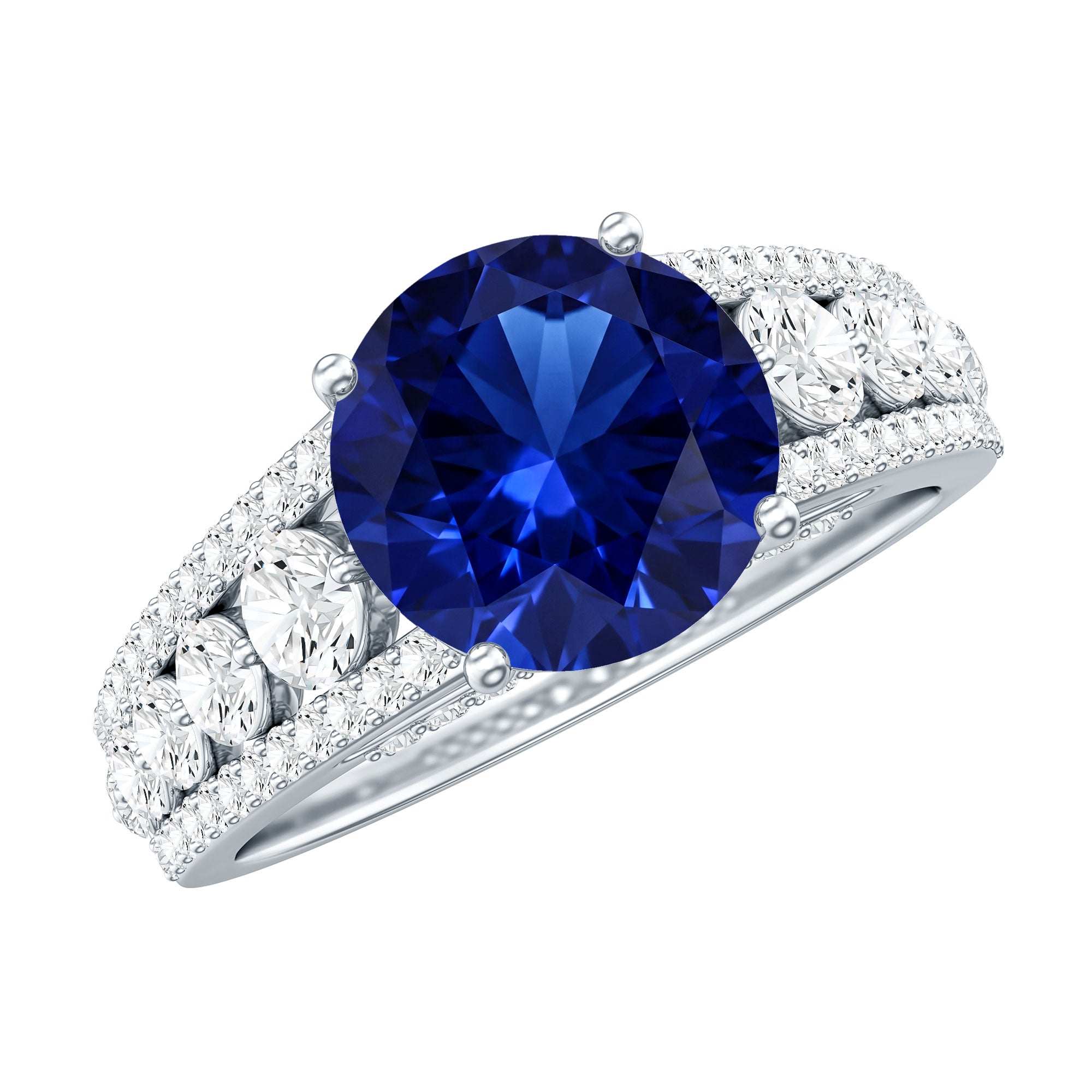 Solitaire Created Blue Sapphire Statement Engagement Ring with Moissanite AAAA - Rosec Jewels