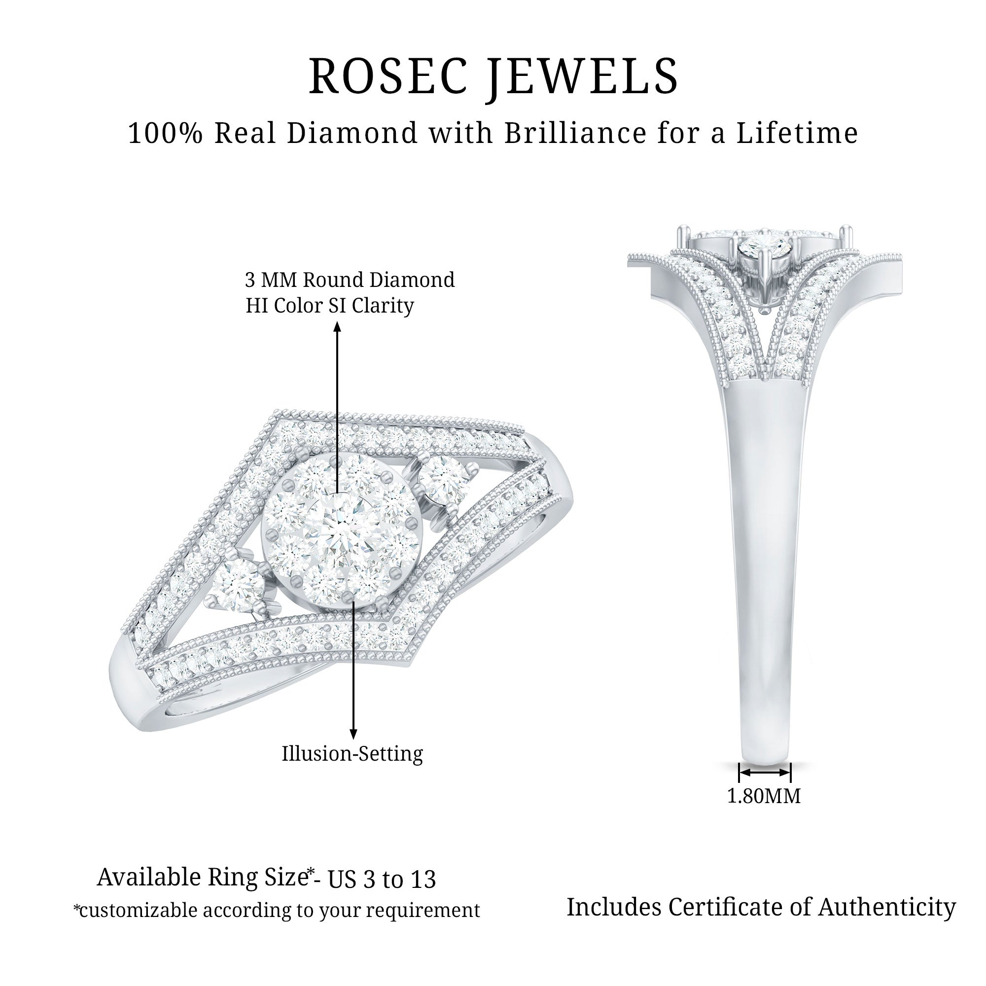 Round Diamond Vintage Ring in illusion Setting Natural - ( HI-SI ) - Rosec Jewels