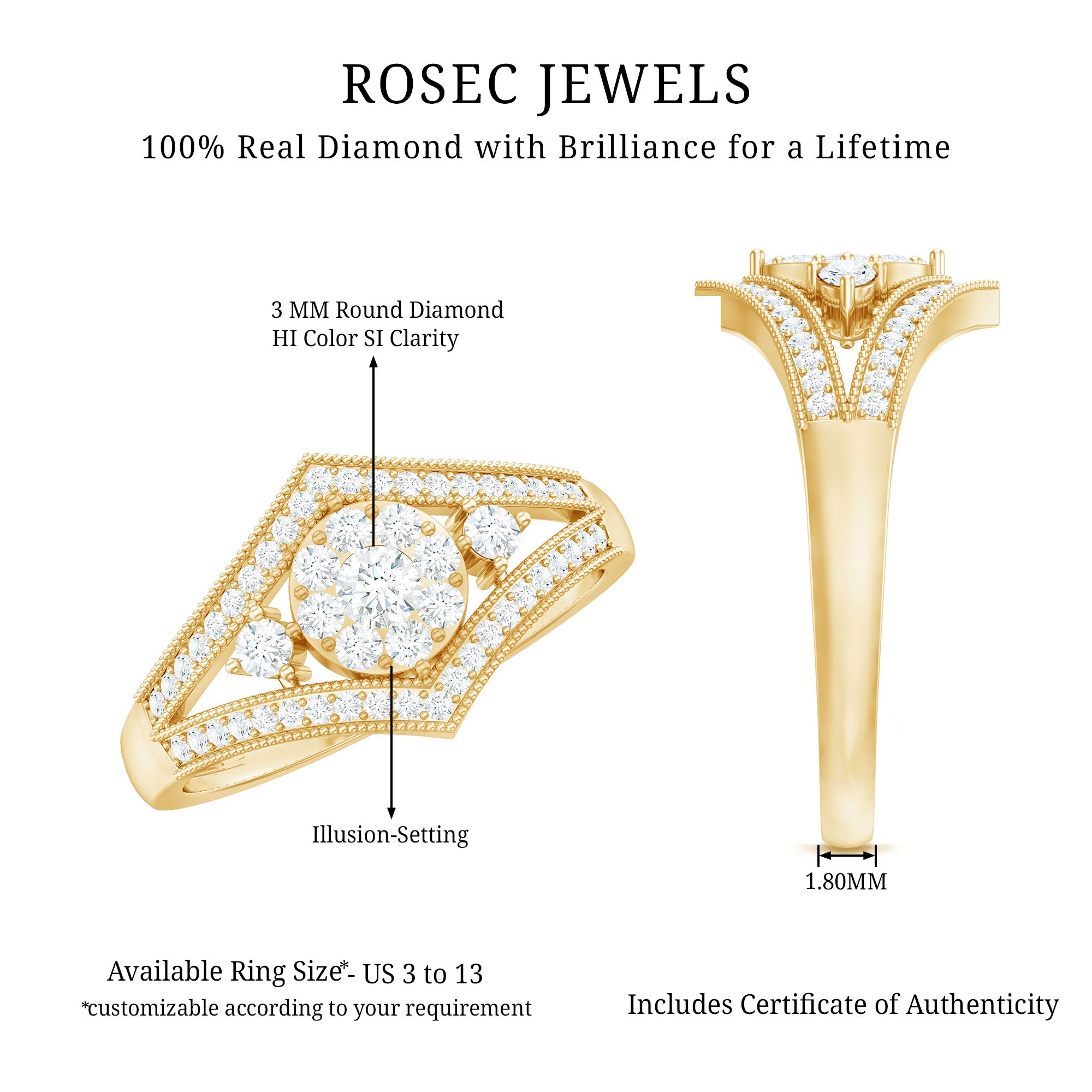 Round Diamond Vintage Ring in illusion Setting Natural - ( HI-SI ) - Rosec Jewels