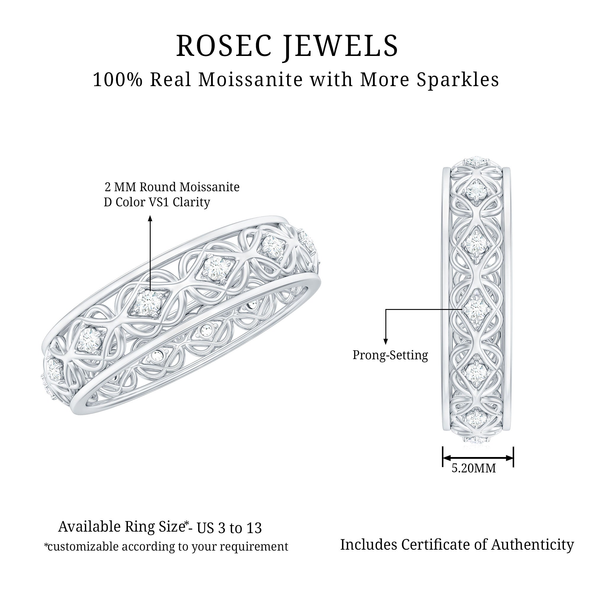 Rosec Jewels-Moissanite Celtic Knot Wedding Band Ring