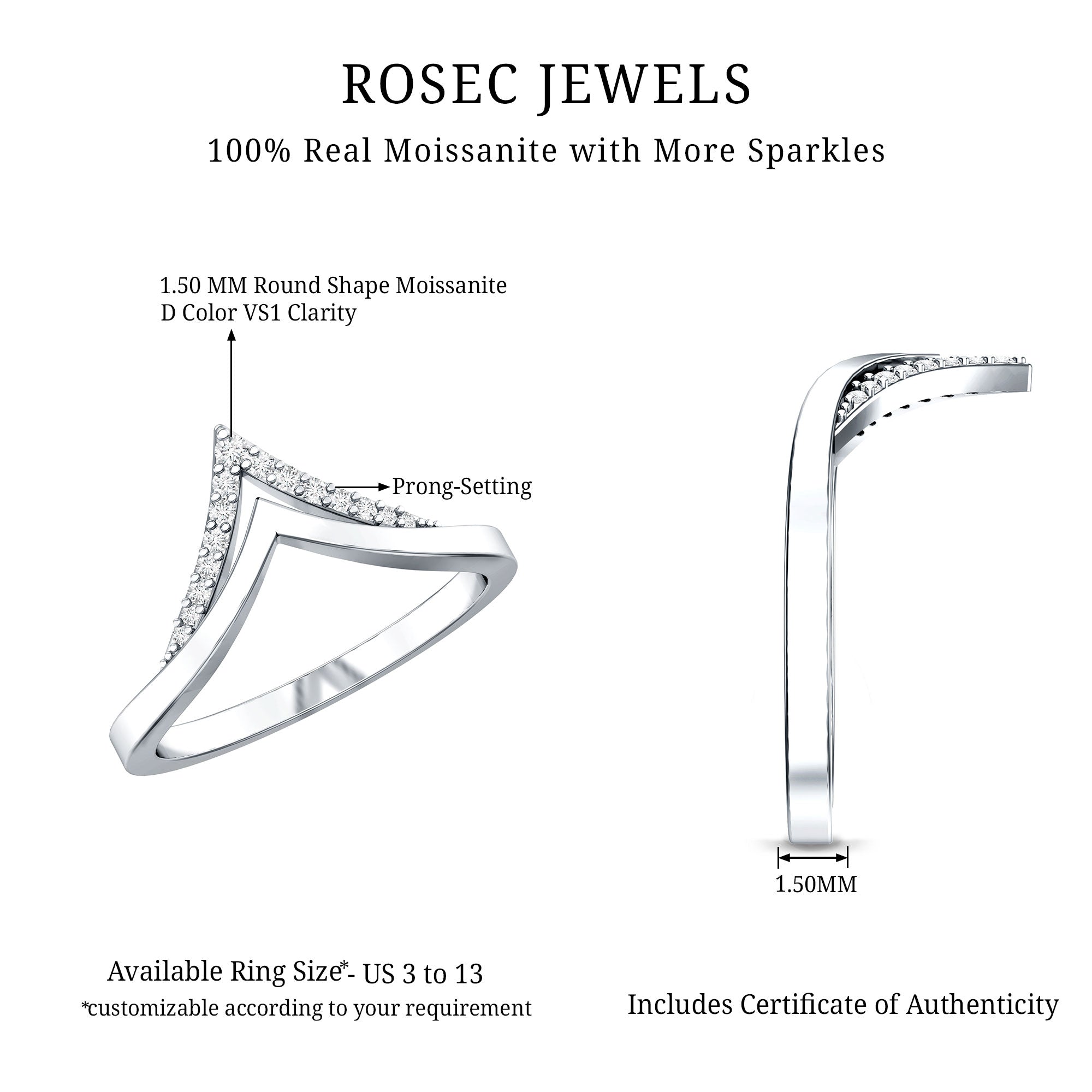 Certified Moissanite Chevron Enhancer Ring D-VS1 - Rosec Jewels